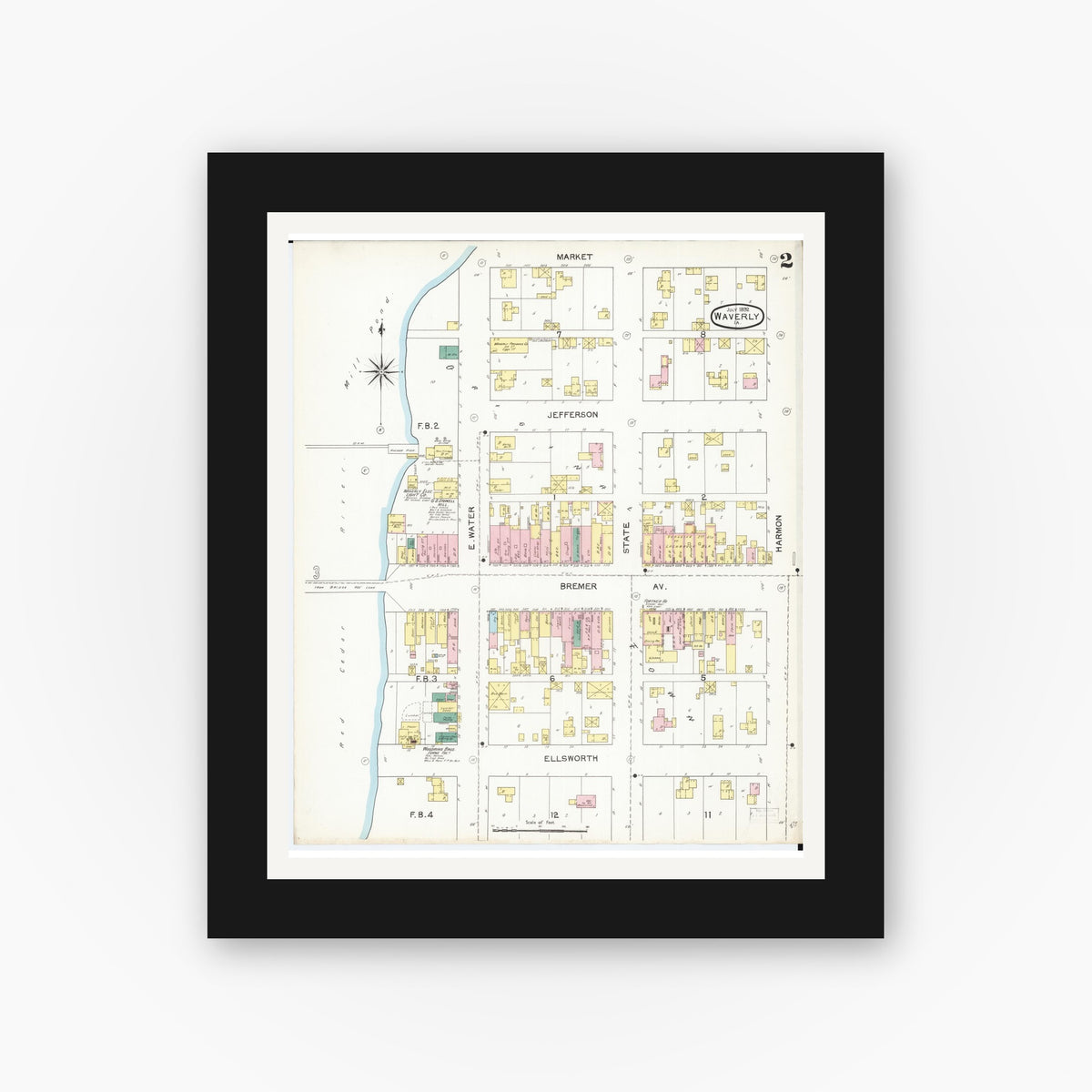 Old map wall art mockup — black gallery frame with white mat — Sanborn Fire Insurance Map from Waverly, Bremer County, Iowa (1892), Sheet #0002
