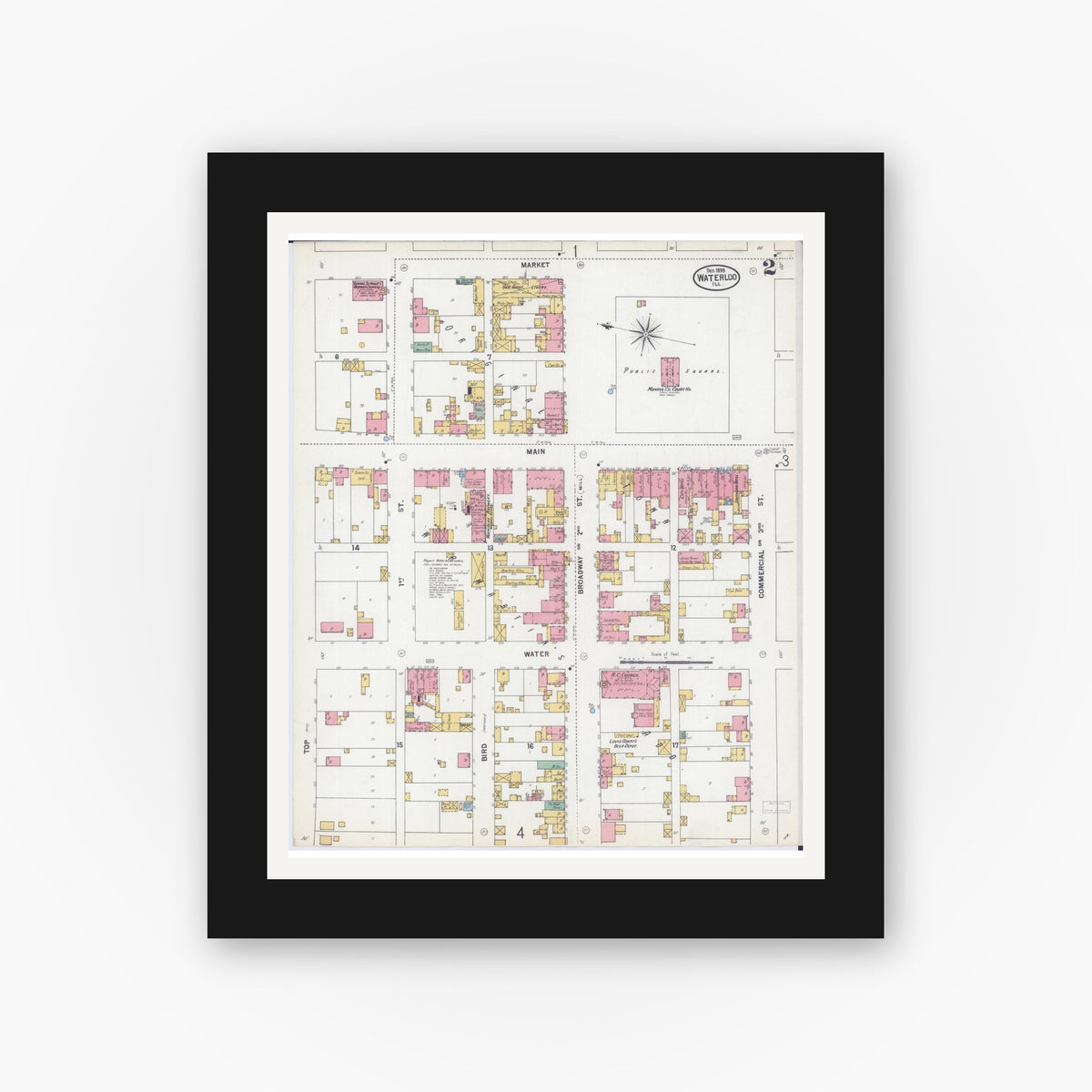 Old map wall art mockup — black gallery frame with white mat — Sanborn Fire Insurance Map from Waterloo, Monroe County, Illinois (1899), Sheet #0002