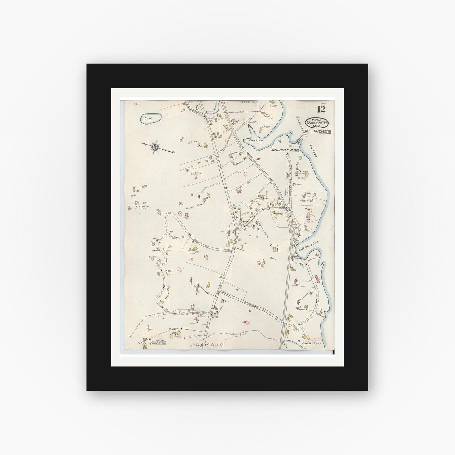 Old map wall art mockup — black gallery frame with white mat — Sanborn Fire Insurance Map from Manchester, Essex County, Massachusetts (1941), Sheet #0012