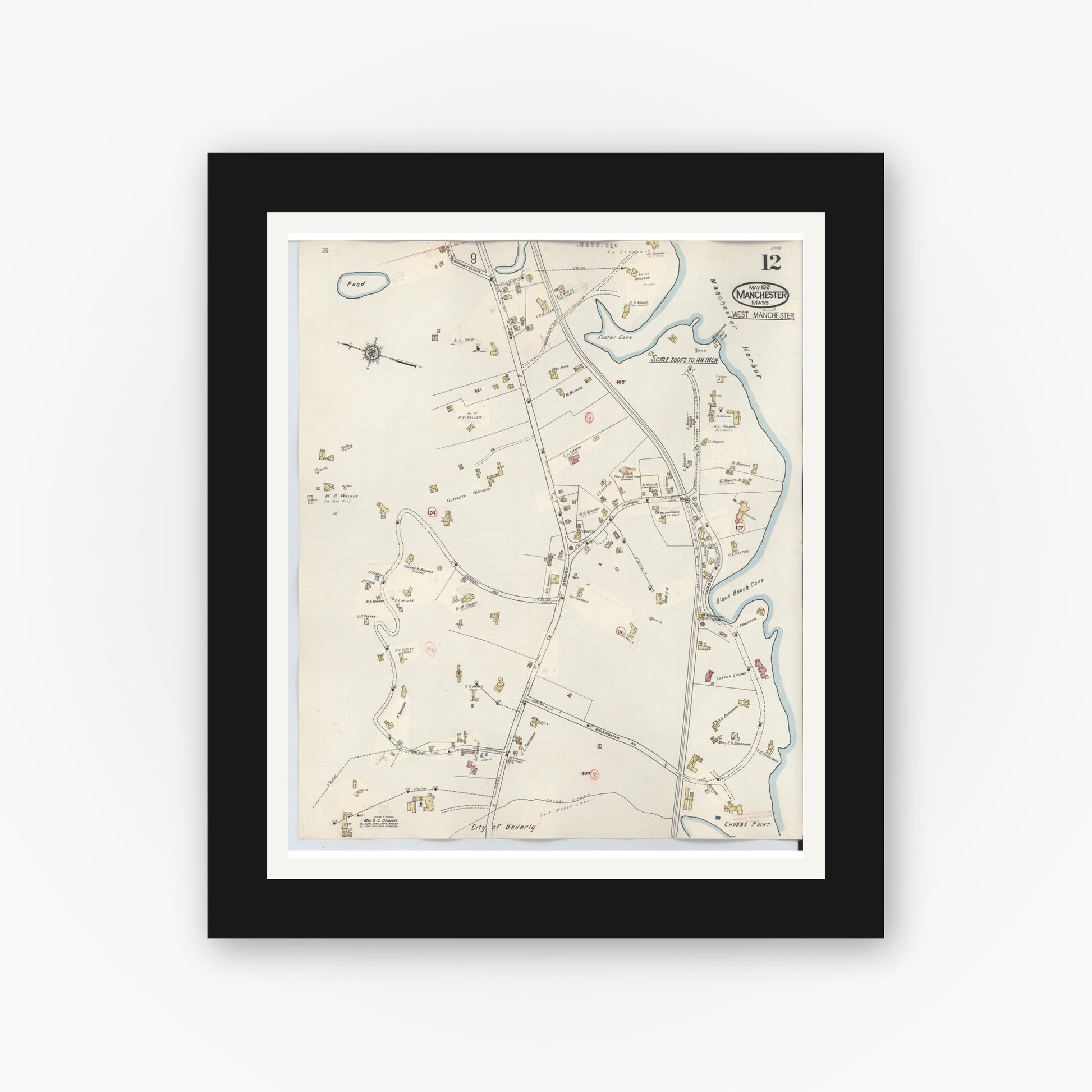 Old map wall art mockup — black gallery frame with white mat — Sanborn Fire Insurance Map from Manchester, Essex County, Massachusetts (1941), Sheet #0012