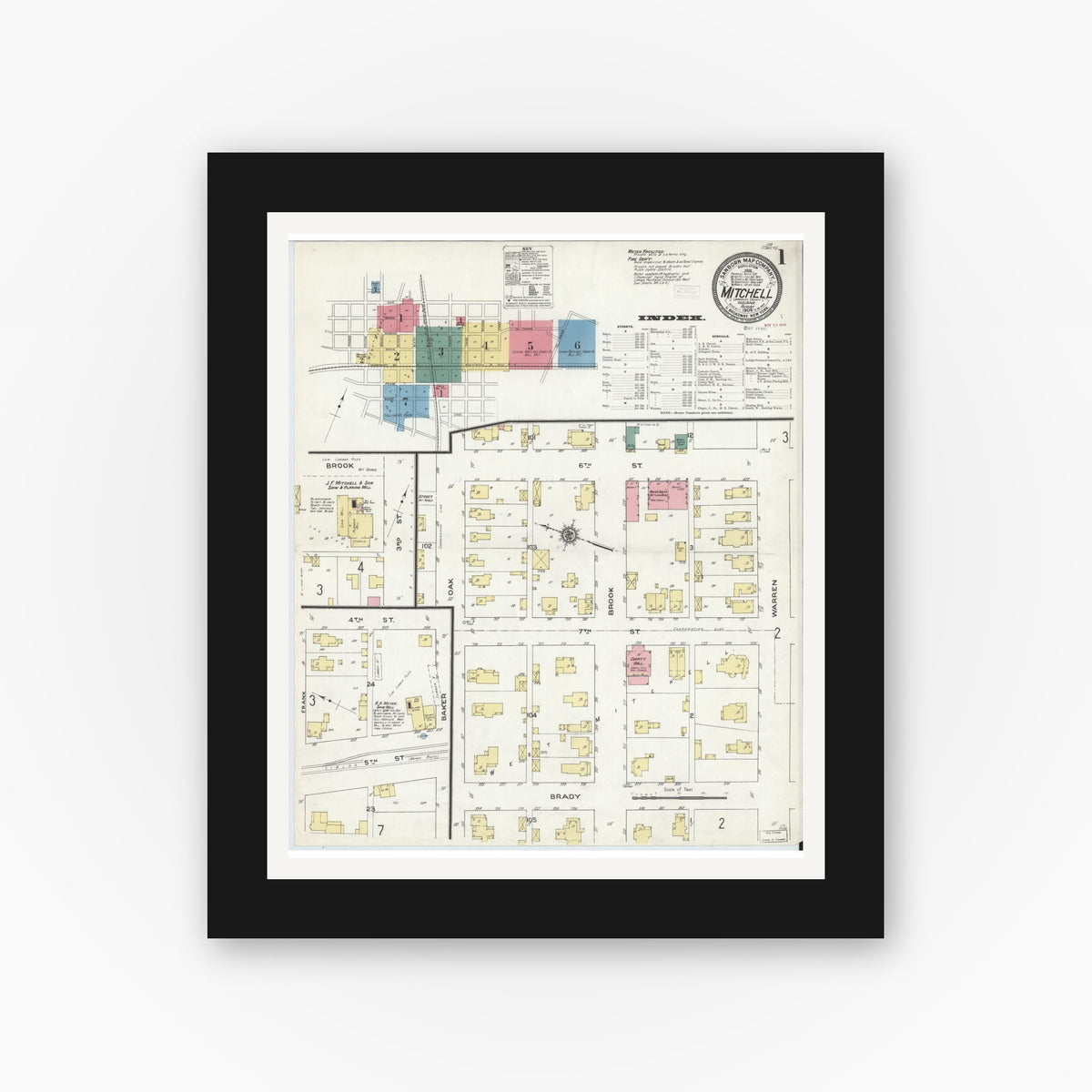 Old map wall art mockup — black gallery frame with white mat — Sanborn Fire Insurance Map from Mitchell, Lawrence County, Indiana (1909), Sheet #0001