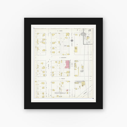 Old map wall art mockup — black gallery frame with white mat — Sanborn Fire Insurance Map from Wyoming, Stark County, Illinois (1913), Sheet #0002