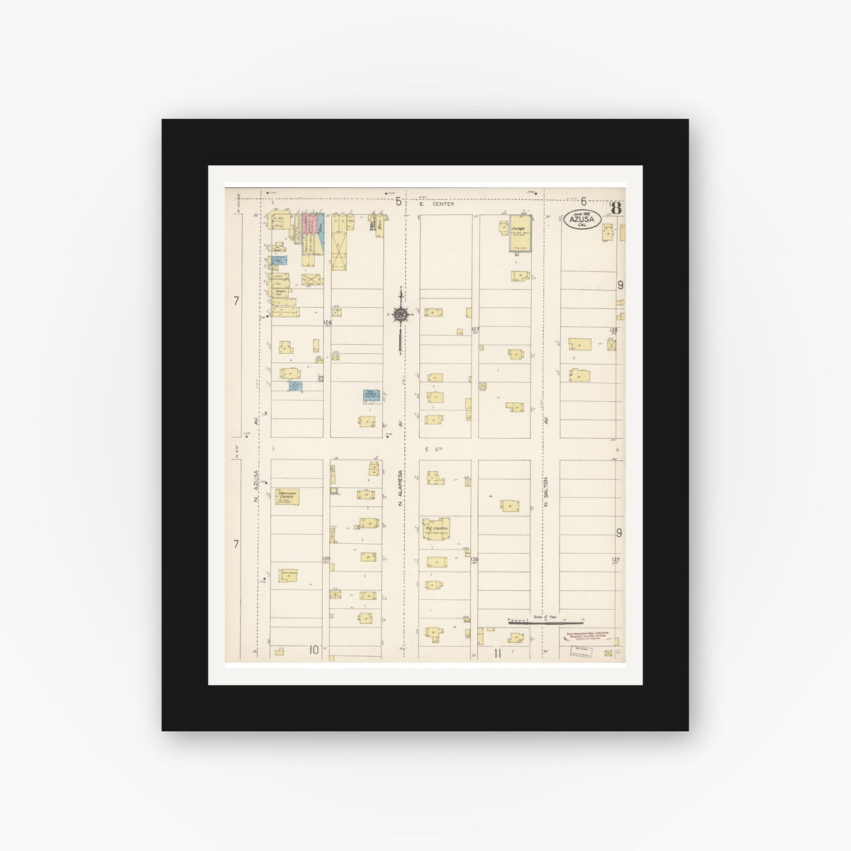 Old map wall art mockup — black gallery frame with white mat — Sanborn Fire Insurance Map from Azusa, Los Angeles County, California (1912), Sheet #0008