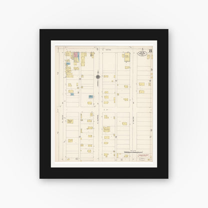 Old map wall art mockup — black gallery frame with white mat — Sanborn Fire Insurance Map from Azusa, Los Angeles County, California (1912), Sheet #0008