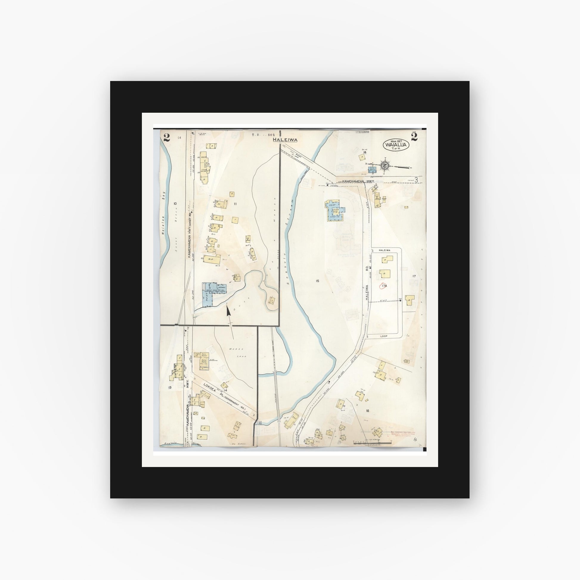 Old map wall art mockup — black gallery frame with white mat — Sanborn Fire Insurance Map from Waialua, Honolulu County, Hawaii (1957), Sheet #0002