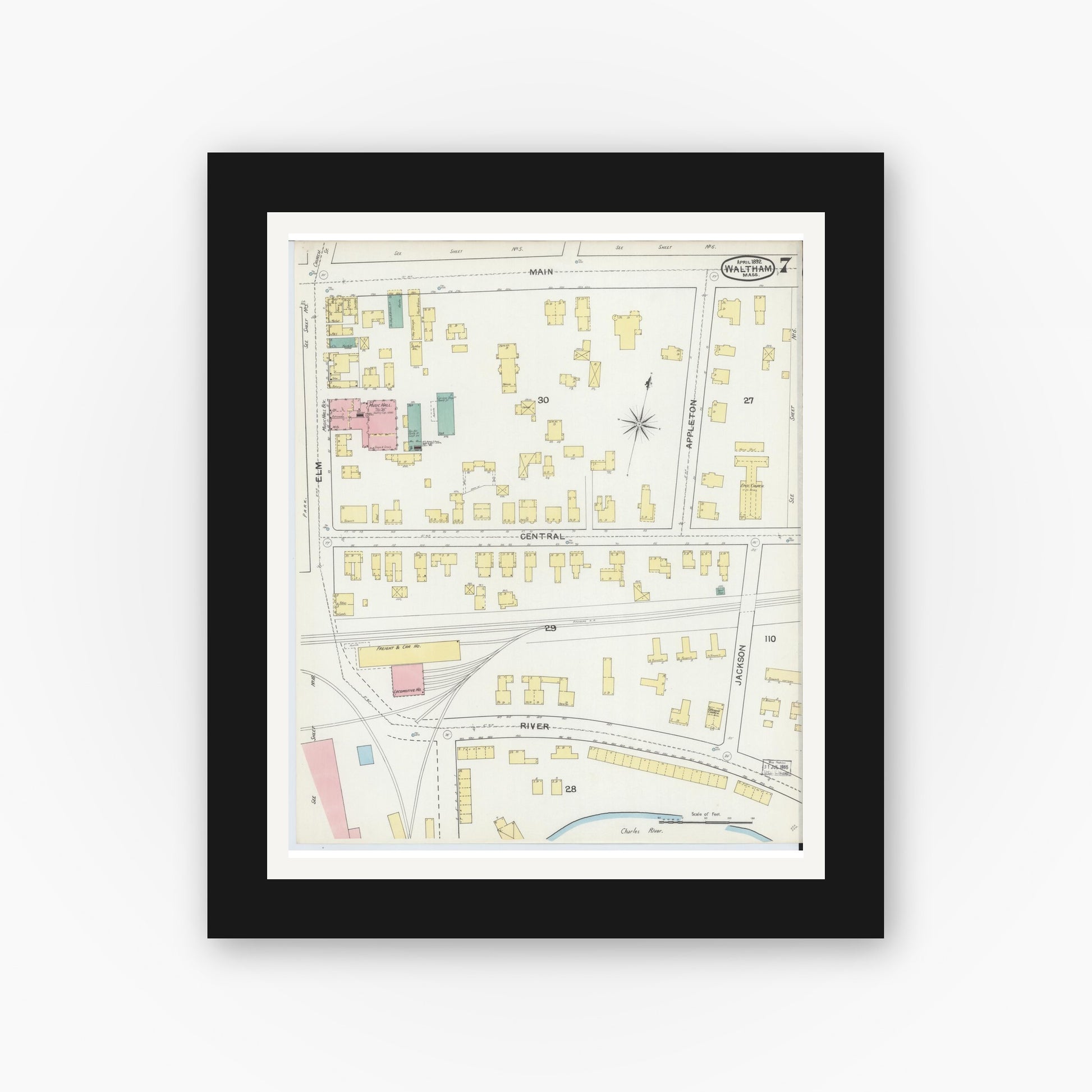 Old map wall art mockup — black gallery frame with white mat — Sanborn Fire Insurance Map from Waltham, Middlesex County, Massachusetts (1892), Sheet #0007
