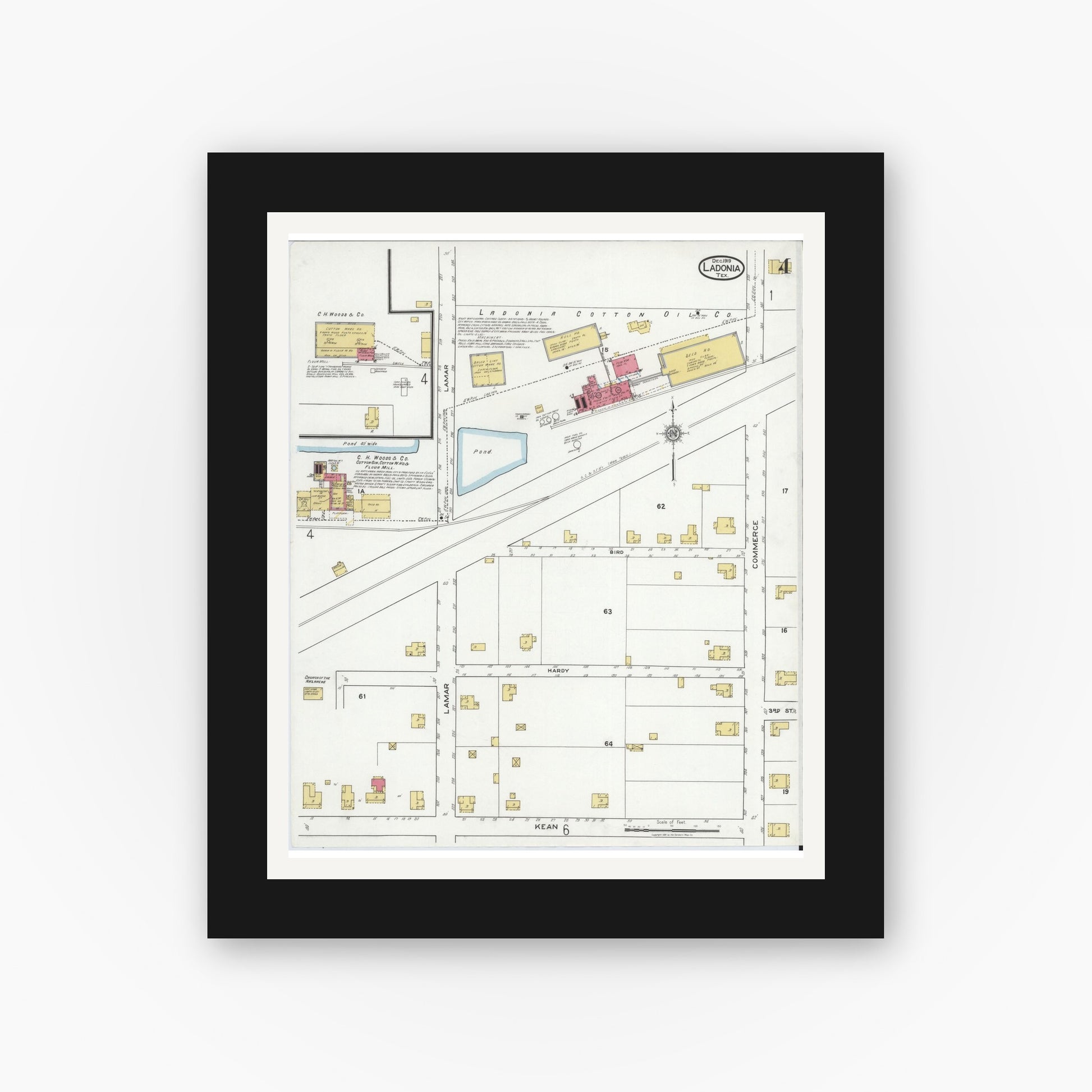 Old map wall art mockup — black gallery frame with white mat — Sanborn Fire Insurance Map from Ladonia, Fannin County, Texas (1919), Sheet #0004