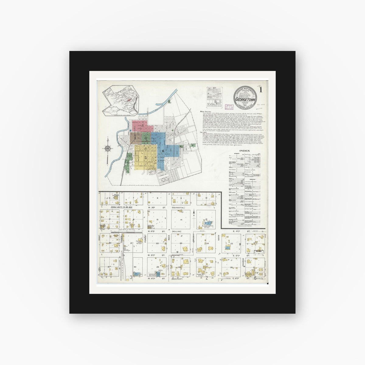 Old map wall art mockup — black gallery frame with white mat — Sanborn Fire Insurance Map from Georgetown, Williamson County, Texas (1916), Sheet #0001