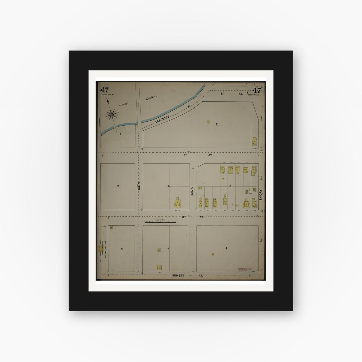 Old map wall art mockup — black gallery frame with white mat — Sanborn Fire Insurance Map from New Jersey Coast, New Jersey Coast, New Jersey (1890), Sheet #0047