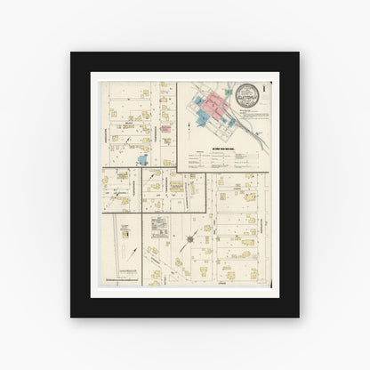 Old map wall art mockup — black gallery frame with white mat — Sanborn Fire Insurance Map from Ellettsville, Monroe County, Indiana (1910) - Complete Map Set