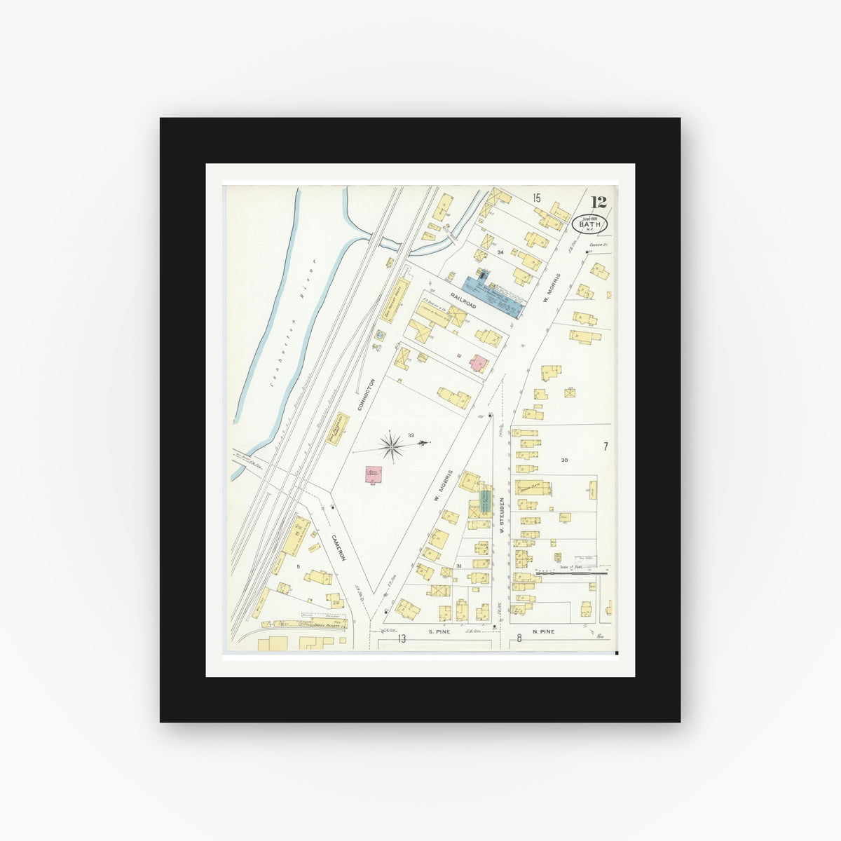 Old map wall art mockup — black gallery frame with white mat — Sanborn Fire Insurance Map from Bath, Steuben County, New York (1909), Sheet #0012