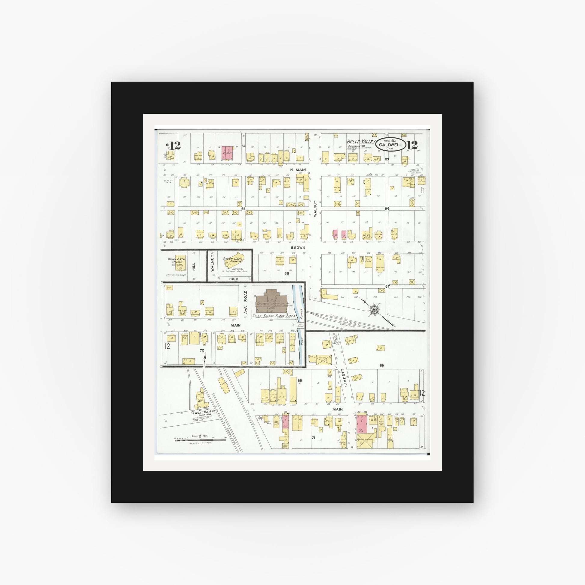 Old map wall art mockup — black gallery frame with white mat — Sanborn Fire Insurance Map from Caldwell, Noble County, Ohio (1923), Sheet #0012