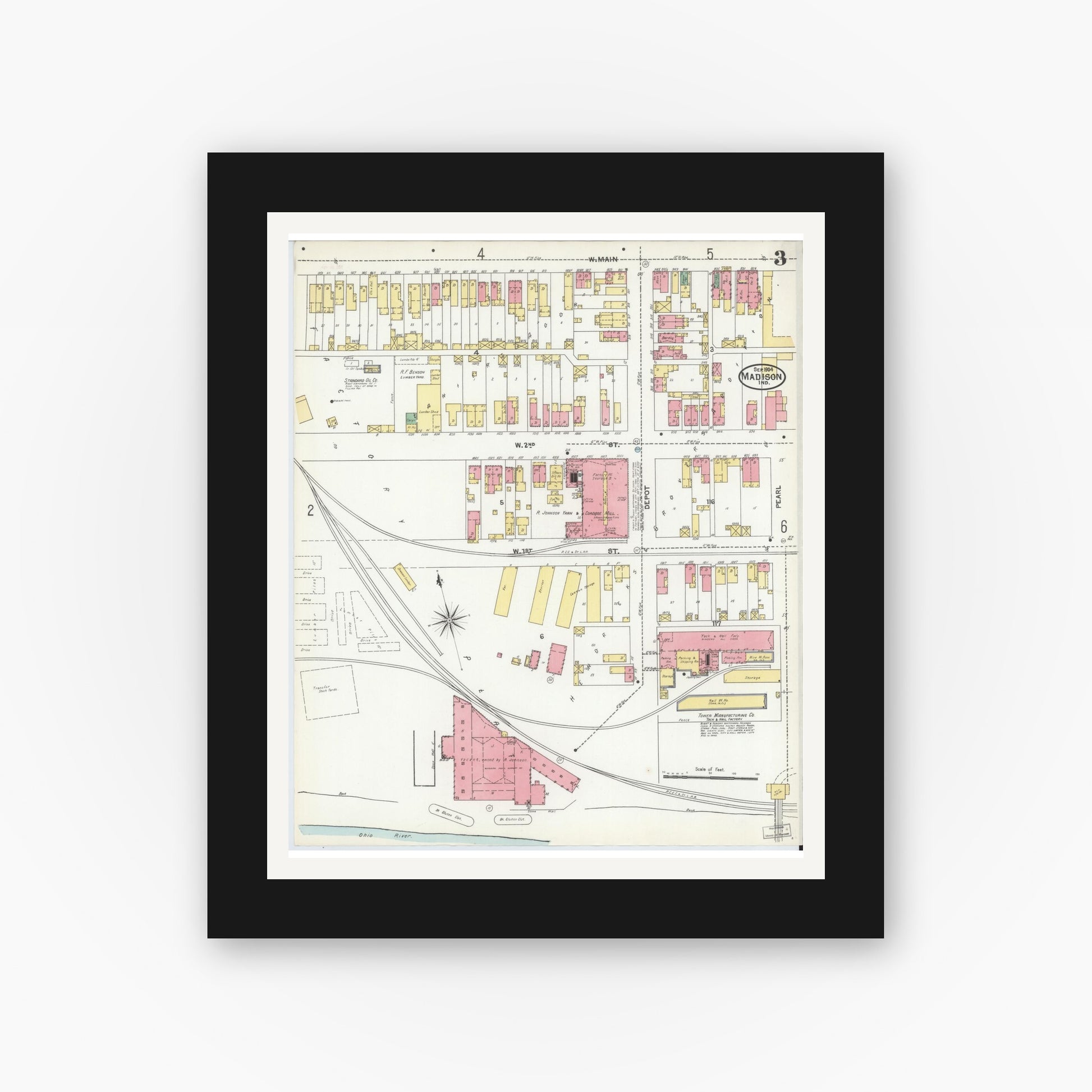 Old map wall art mockup — black gallery frame with white mat — Sanborn Fire Insurance Map from Madison, Jefferson County, Indiana (1904), Sheet #0003