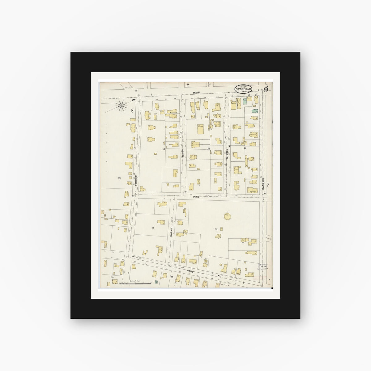 Old map wall art mockup — black gallery frame with white mat — Sanborn Fire Insurance Map from Stoneham, Middlesex County, Massachusetts (1897), Sheet #0009