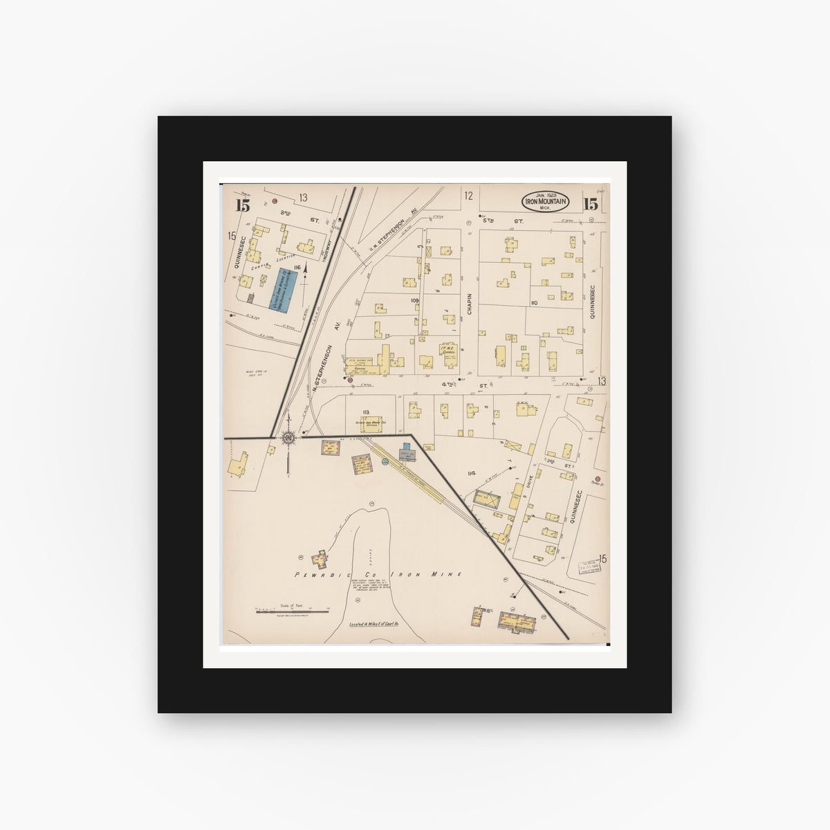Old map wall art mockup — black gallery frame with white mat — Sanborn Fire Insurance Map from Iron Mountain, Dickinson County, Michigan (1923), Sheet #0015