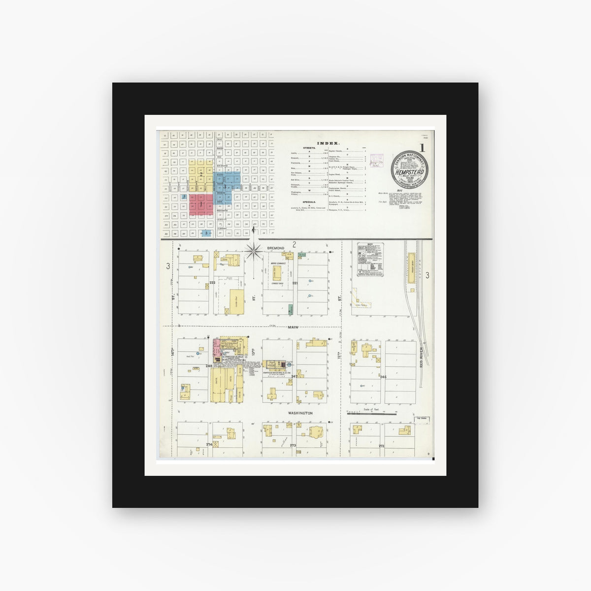 Old map wall art mockup — black gallery frame with white mat — Sanborn Fire Insurance Map from Hempstead, Waller County, Texas (1906), Sheet #0001