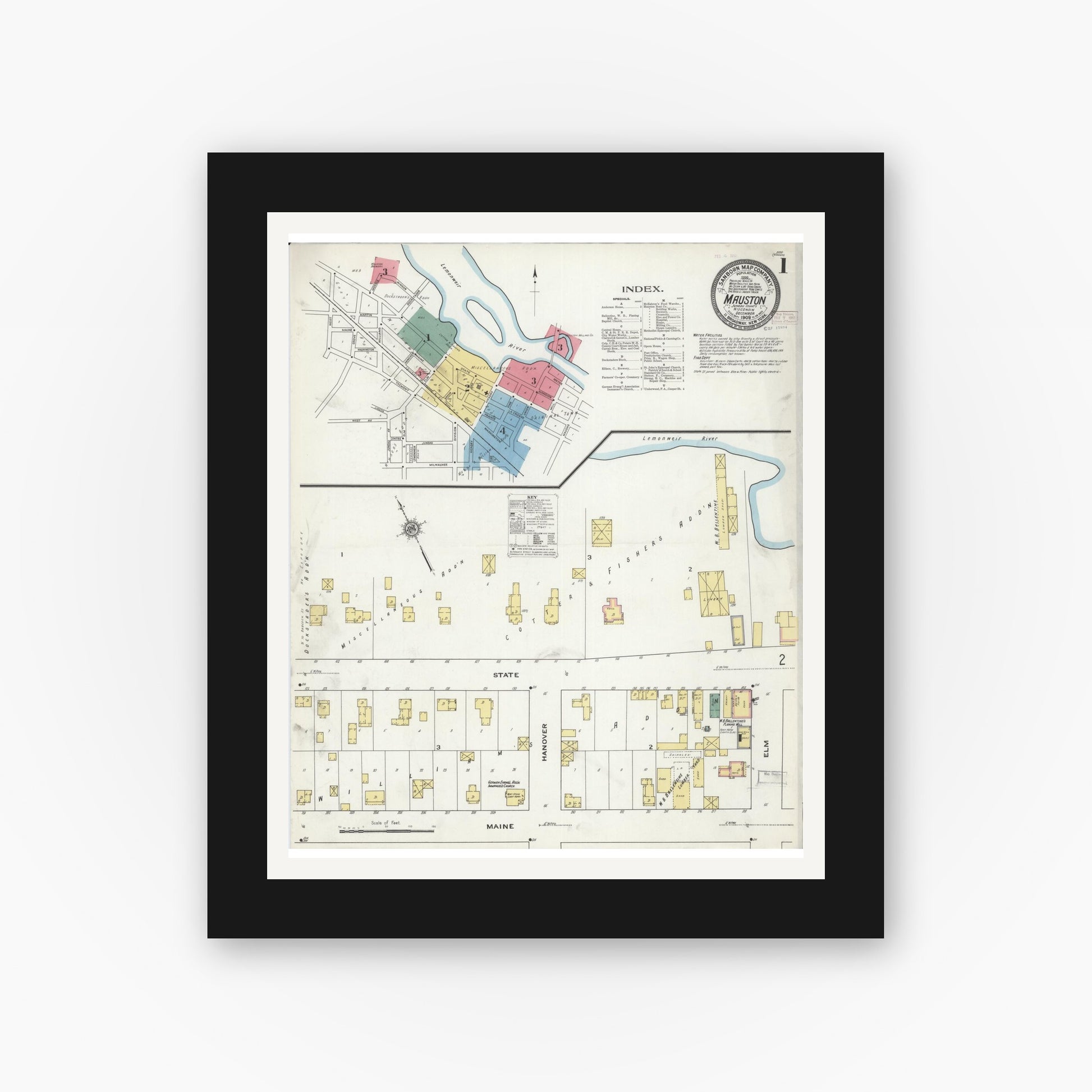 Old map wall art mockup — black gallery frame with white mat — Sanborn Fire Insurance Map from Mauston, Juneau County, Wisconsin (1909) - Complete Map Set