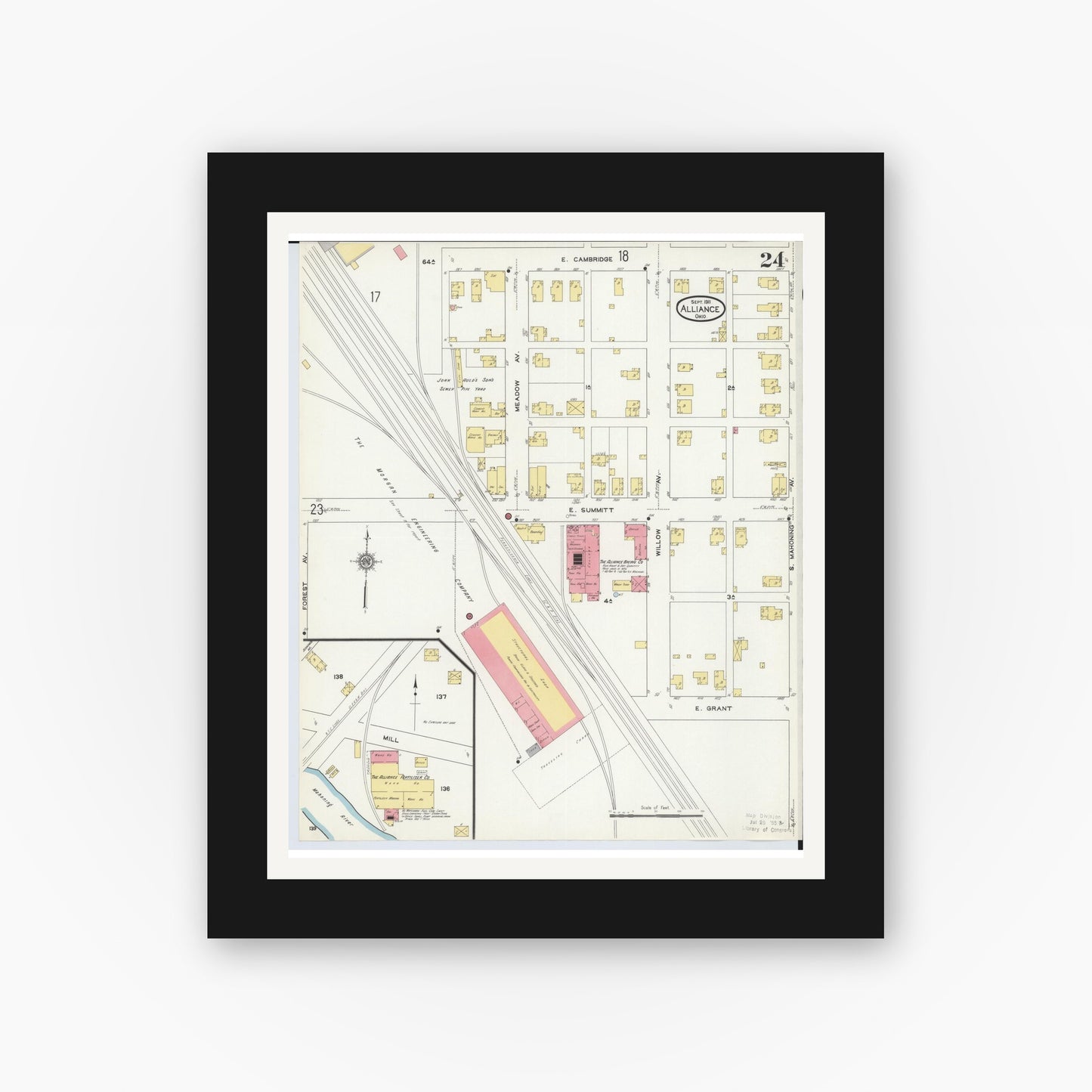 Old map wall art mockup — black gallery frame with white mat — Sanborn Fire Insurance Map from Alliance, Stark County, Ohio (1911), Sheet #0024
