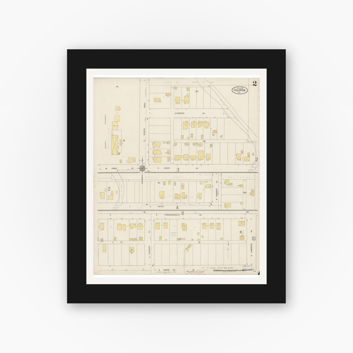Old map wall art mockup — black gallery frame with white mat — Sanborn Fire Insurance Map from Fullerton, Orange County, California (1917), Sheet #0002
