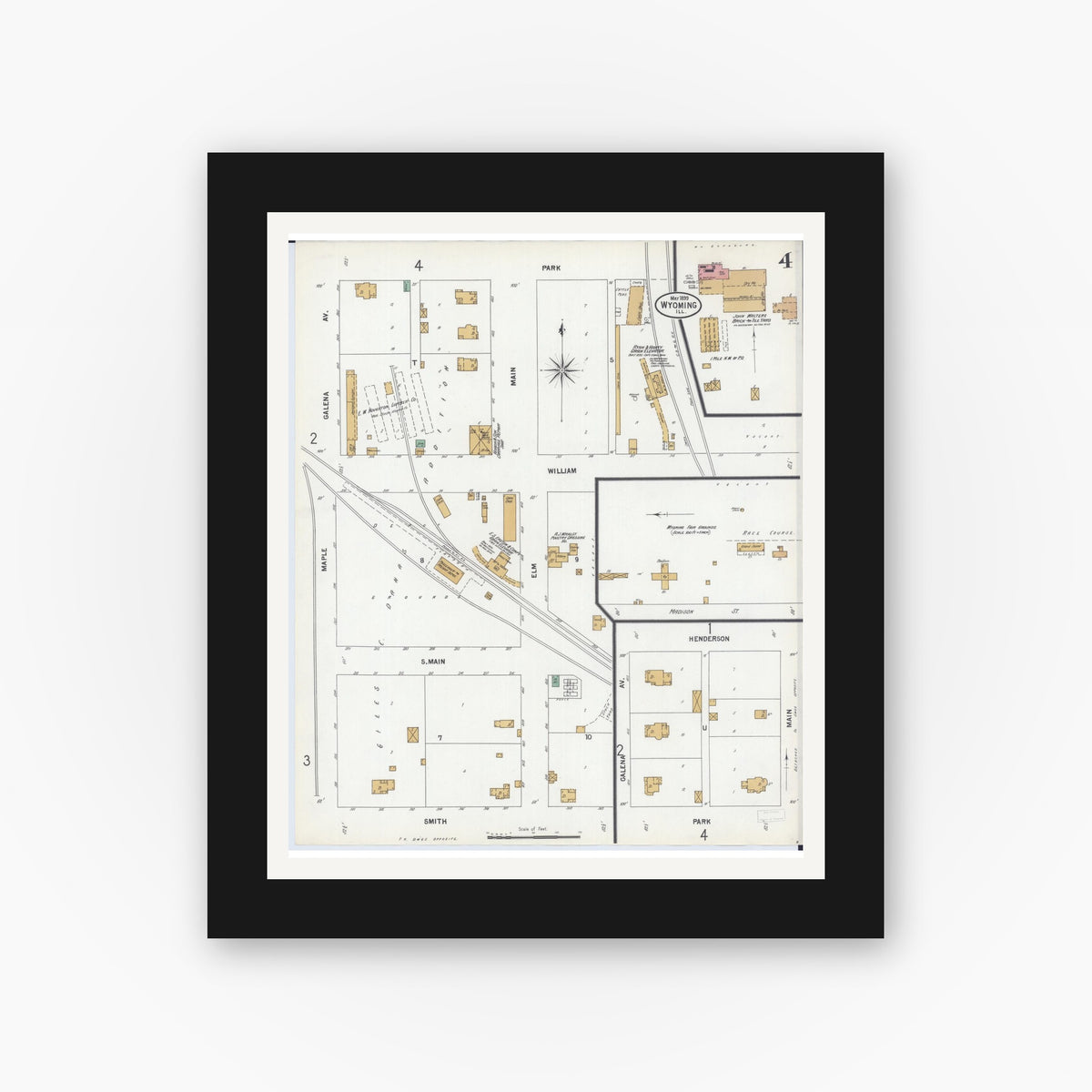 Old map wall art mockup — black gallery frame with white mat — Sanborn Fire Insurance Map from Wyoming, Stark County, Illinois (1899), Sheet #0004