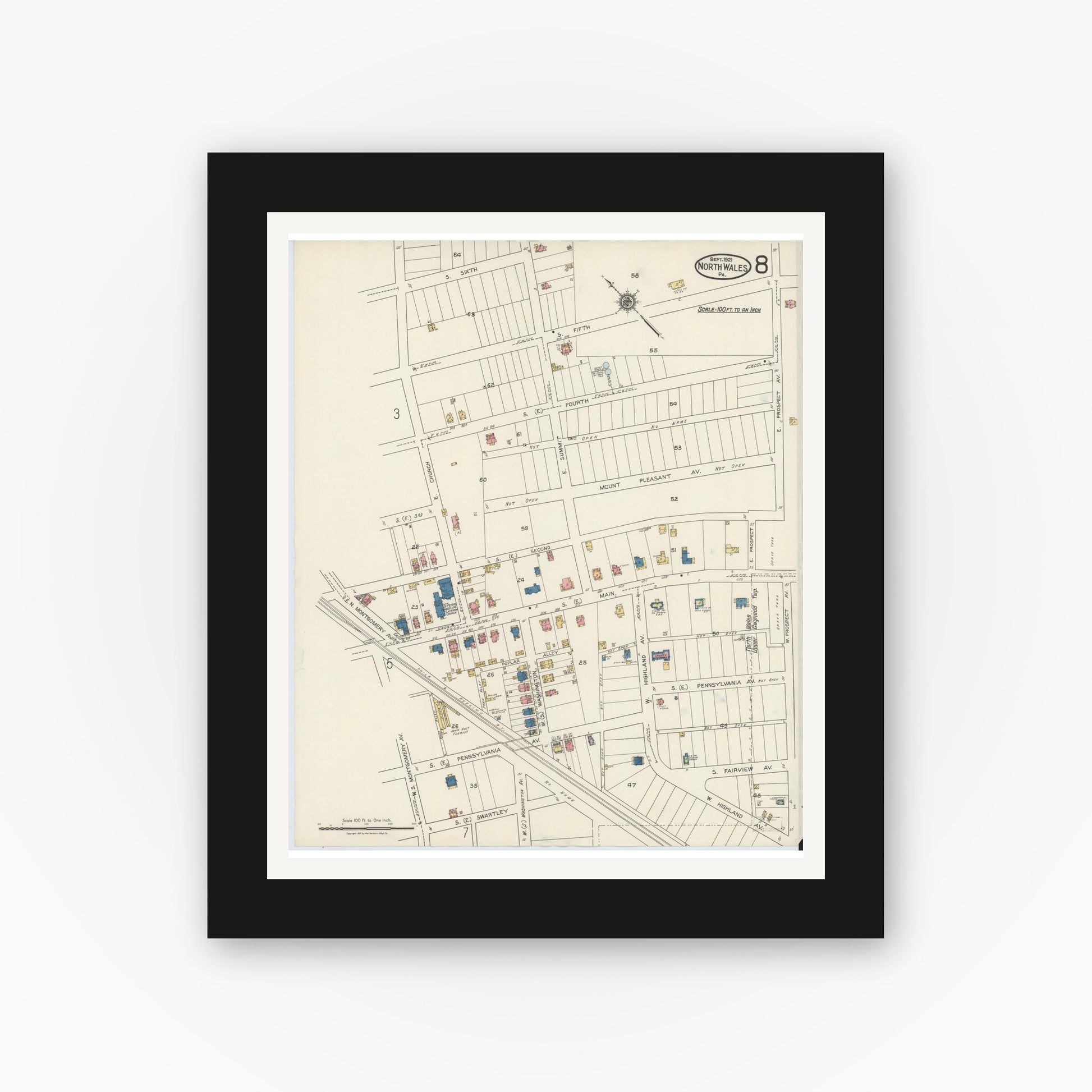 Old map wall art mockup — black gallery frame with white mat — Sanborn Fire Insurance Map from North Wales, Montgomery County, Pennsylvania (1921), Sheet #0008