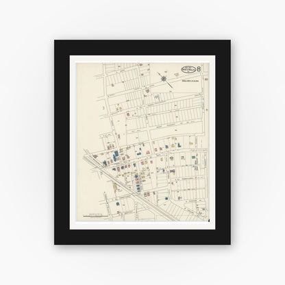Old map wall art mockup — black gallery frame with white mat — Sanborn Fire Insurance Map from North Wales, Montgomery County, Pennsylvania (1921), Sheet #0008