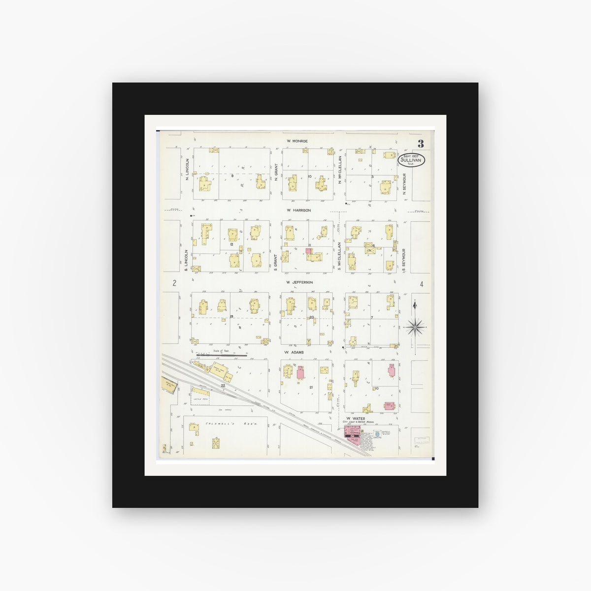 Old map wall art mockup — black gallery frame with white mat — Sanborn Fire Insurance Map from Sullivan, Moultrie County, Illinois (1907), Sheet #0003