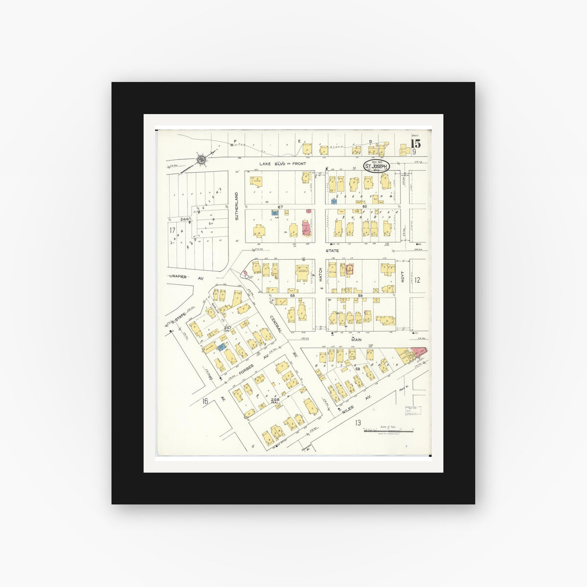 Old map wall art mockup — black gallery frame with white mat — Sanborn Fire Insurance Map from Saint Joseph, Berrien County, Michigan (1921), Sheet #0015