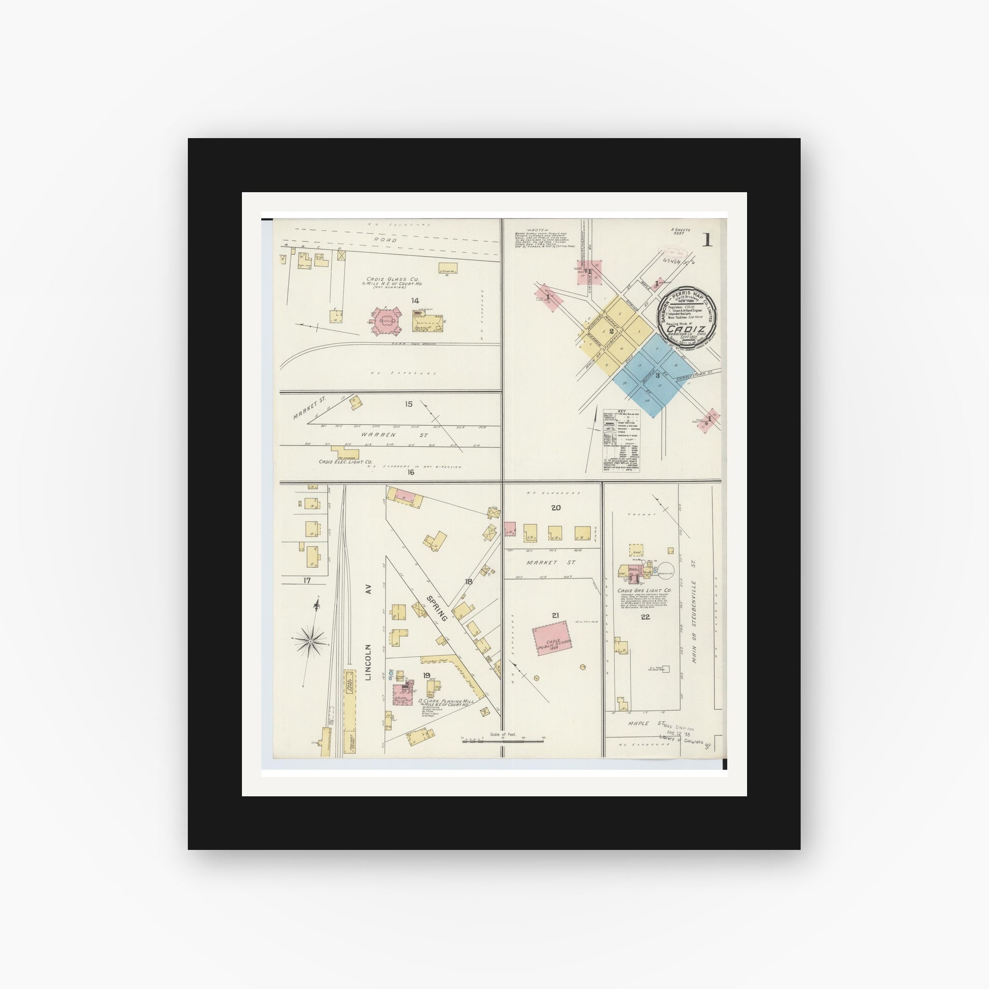 Old map wall art mockup — black gallery frame with white mat — Sanborn Fire Insurance Map from Cadiz, Harrison County, Ohio (1892) - Complete Map Set