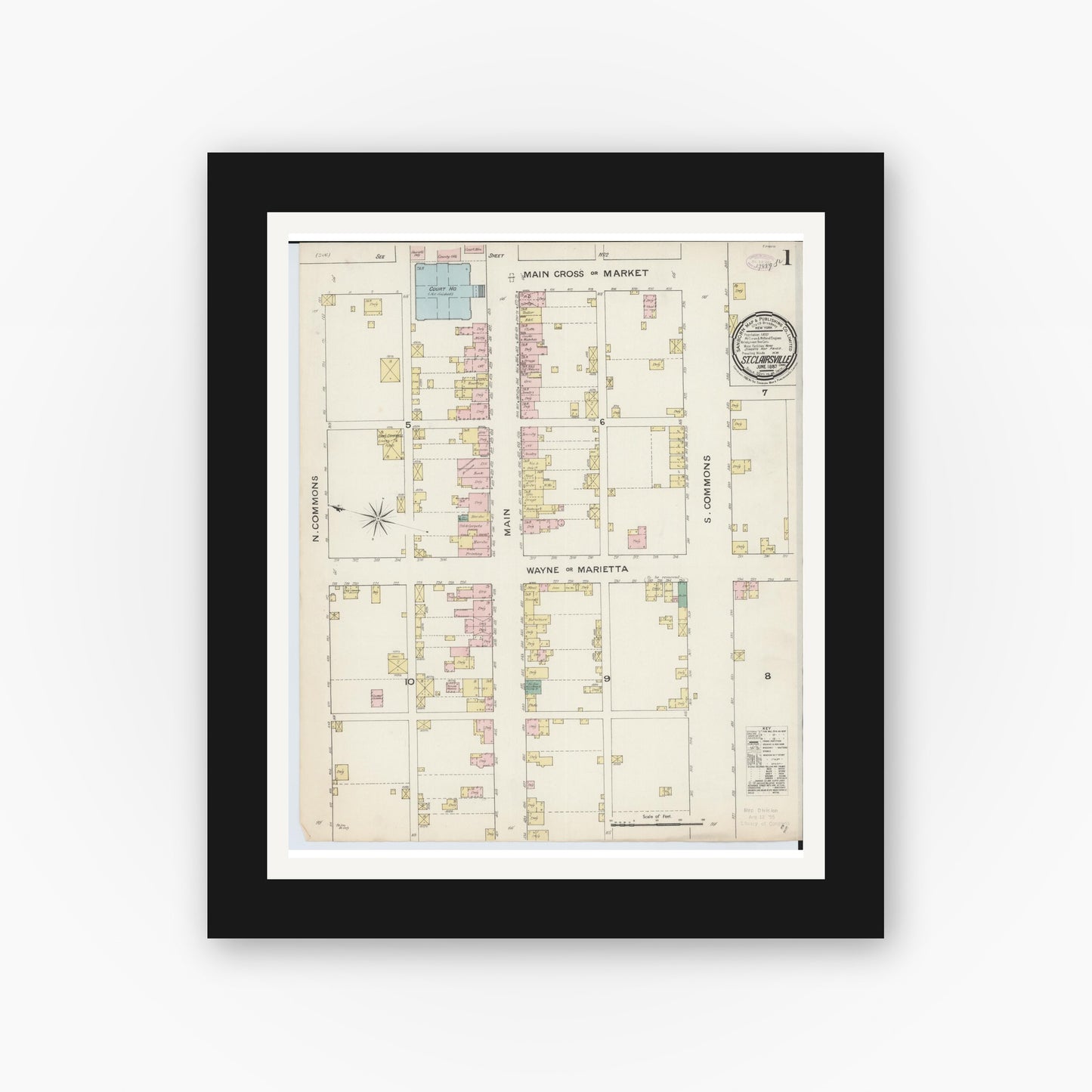 Old map wall art mockup — black gallery frame with white mat — Sanborn Fire Insurance Map from Saint Clairsville, Belmont County, Ohio (1887), Sheet #0001