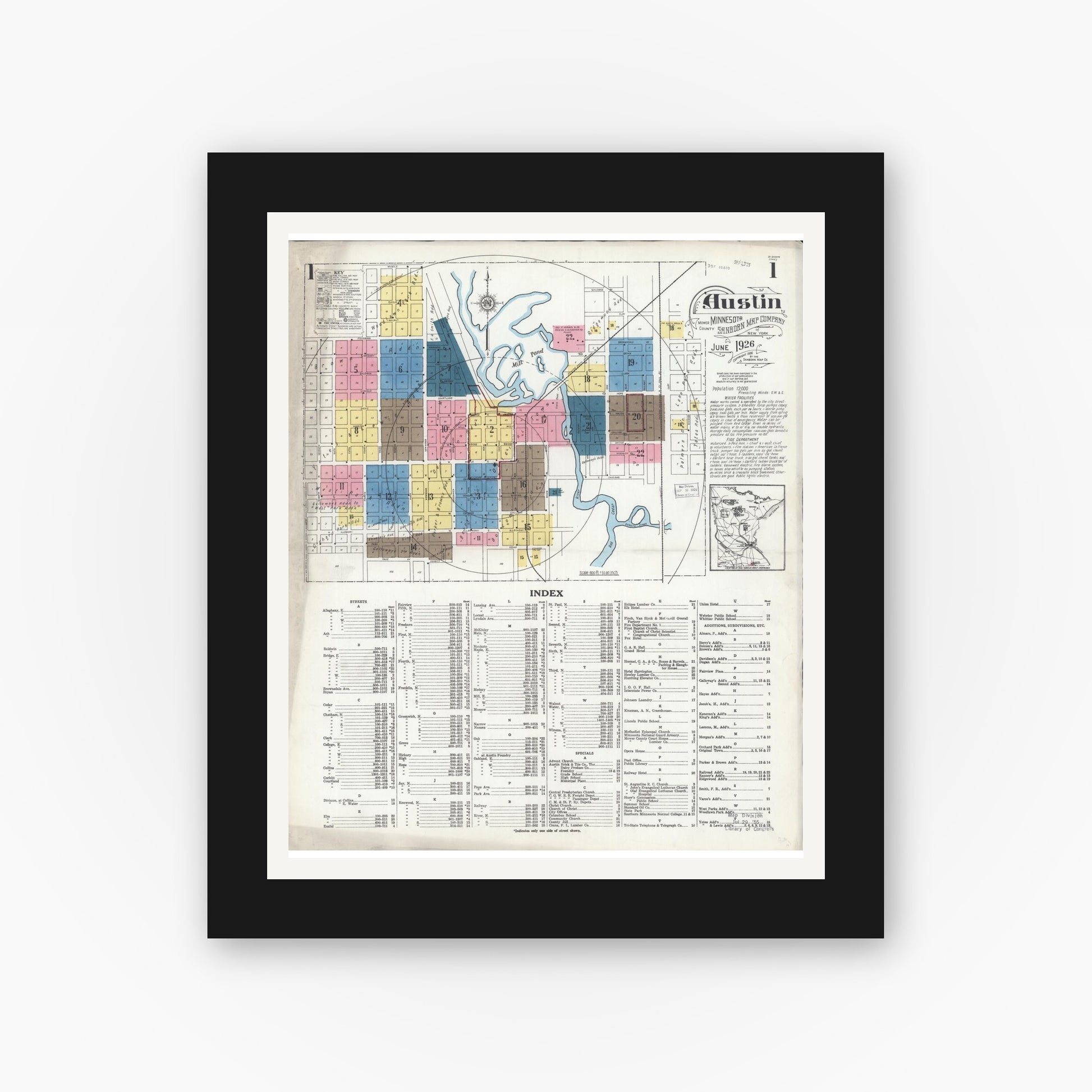 Old map wall art mockup — black gallery frame with white mat — Sanborn Fire Insurance Map from Austin, Mower County, Minnesota (1926), Sheet #0001