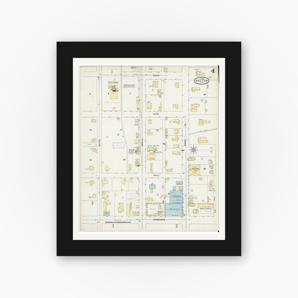 Old map wall art mockup — black gallery frame with white mat — Sanborn Fire Insurance Map from Belton, Bell County, Texas (1896), Sheet #0004