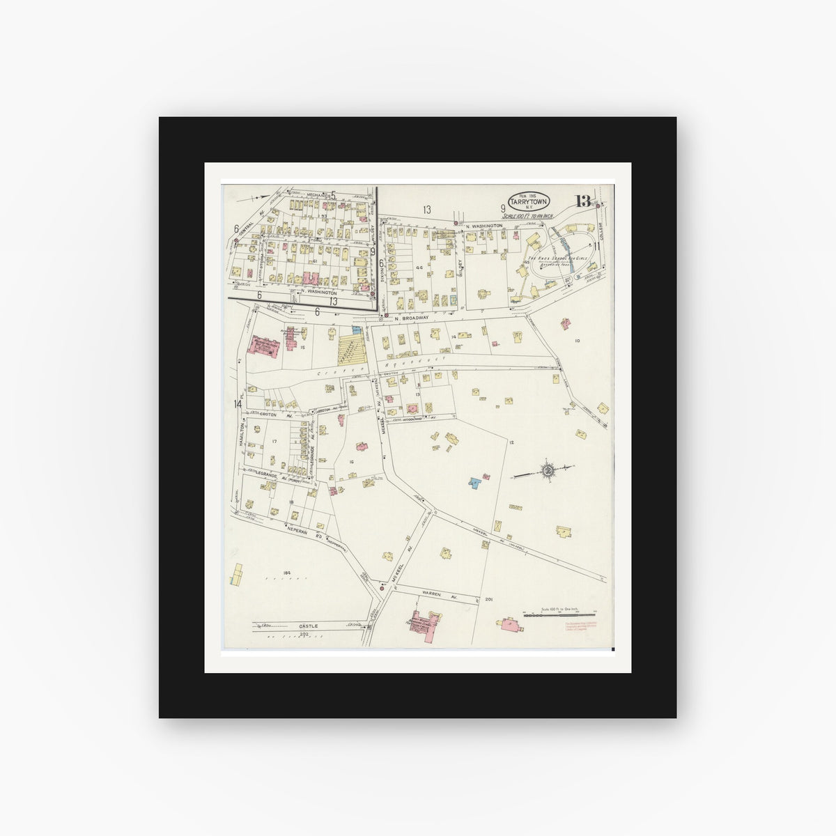 Old map wall art mockup — black gallery frame with white mat — Sanborn Fire Insurance Map from Tarrytown, Westchester County, New York (1915), Sheet #0013