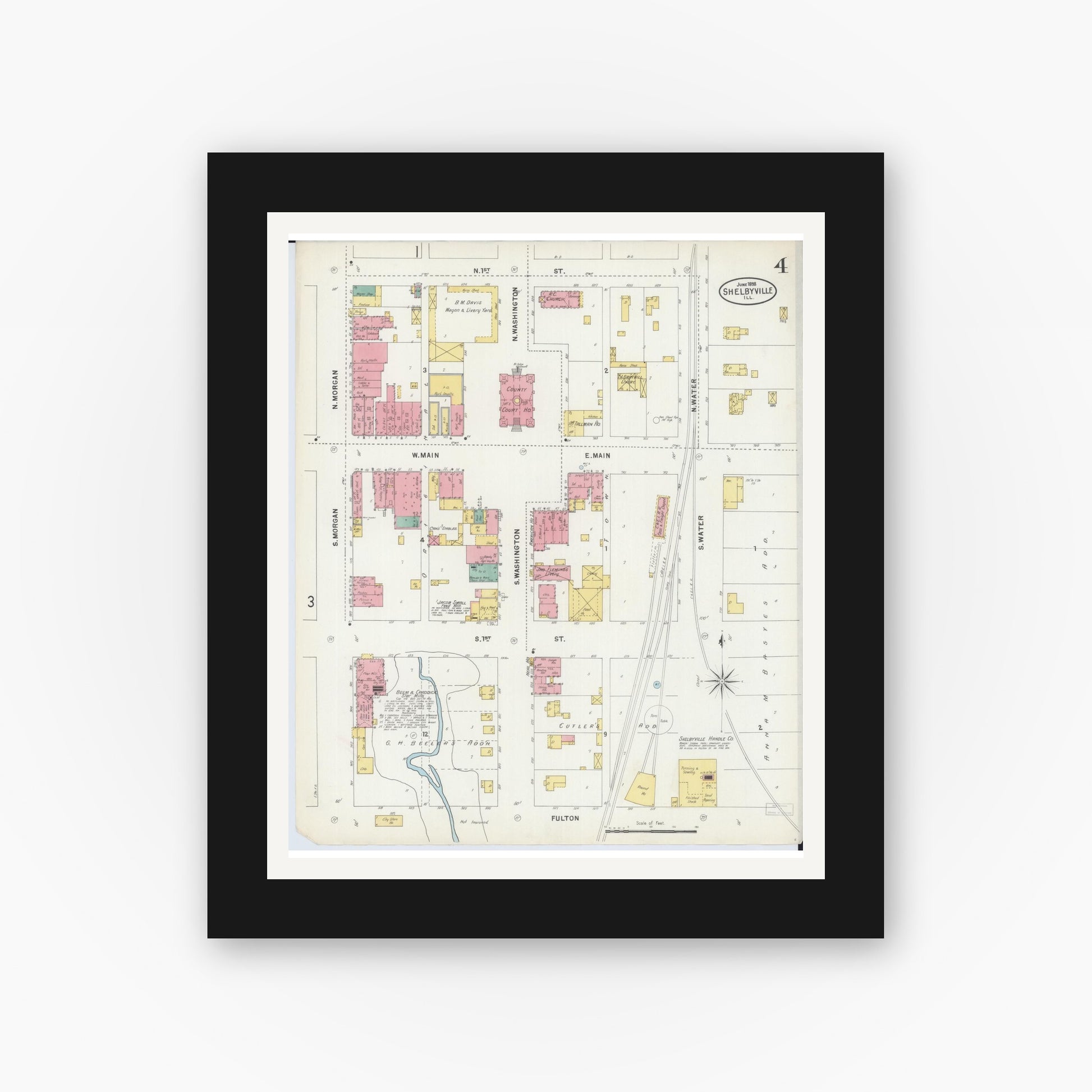 Old map wall art mockup — black gallery frame with white mat — Sanborn Fire Insurance Map from Shelbyville, Shelby County, Illinois (1898), Sheet #0004