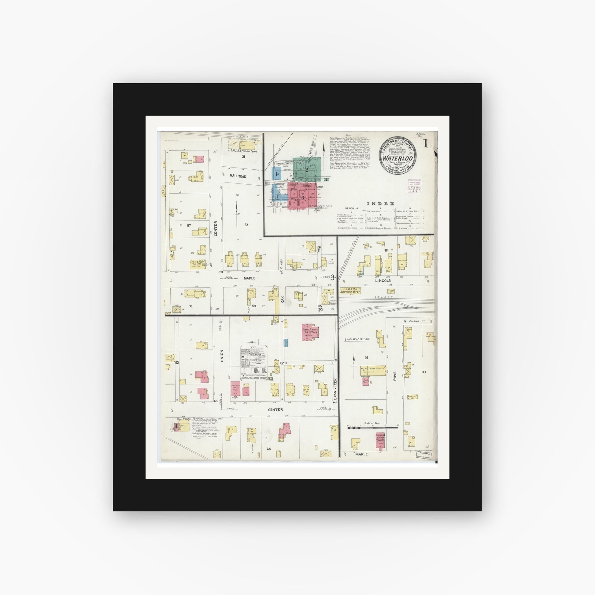 Old map wall art mockup — black gallery frame with white mat — Sanborn Fire Insurance Map from Waterloo, De Kalb County, Indiana (1907) - Complete Map Set