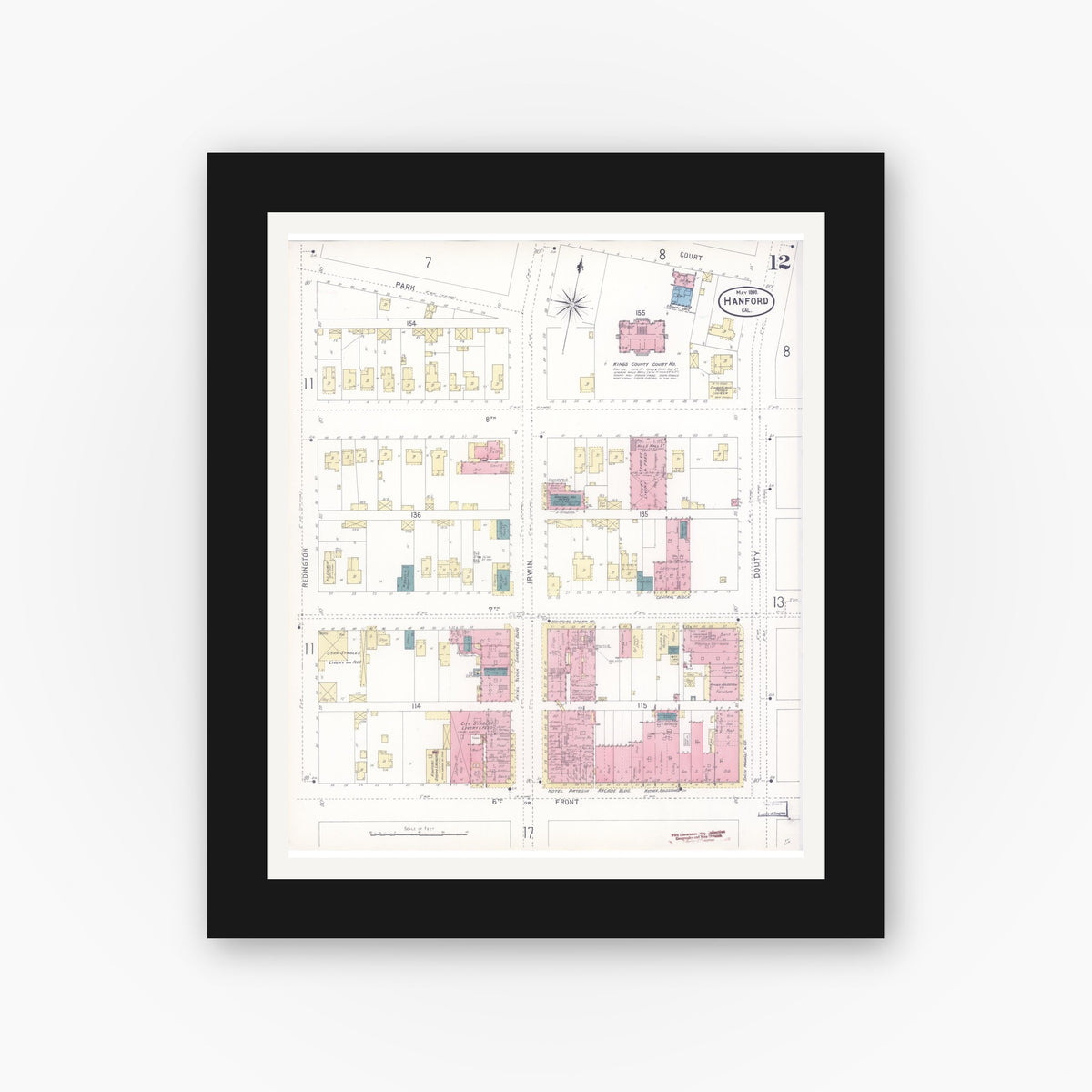 Old map wall art mockup — black gallery frame with white mat — Sanborn Fire Insurance Map from Hanford, Kings County, California (1898), Sheet #0012