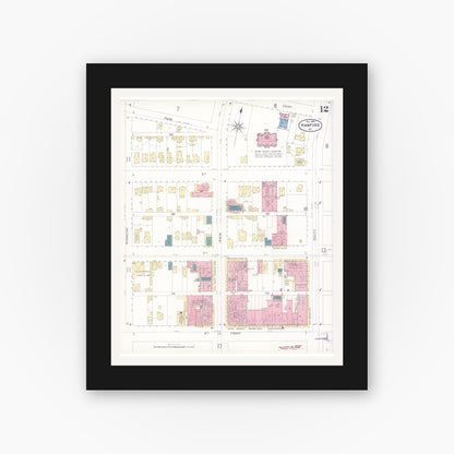 Old map wall art mockup — black gallery frame with white mat — Sanborn Fire Insurance Map from Hanford, Kings County, California (1898), Sheet #0012