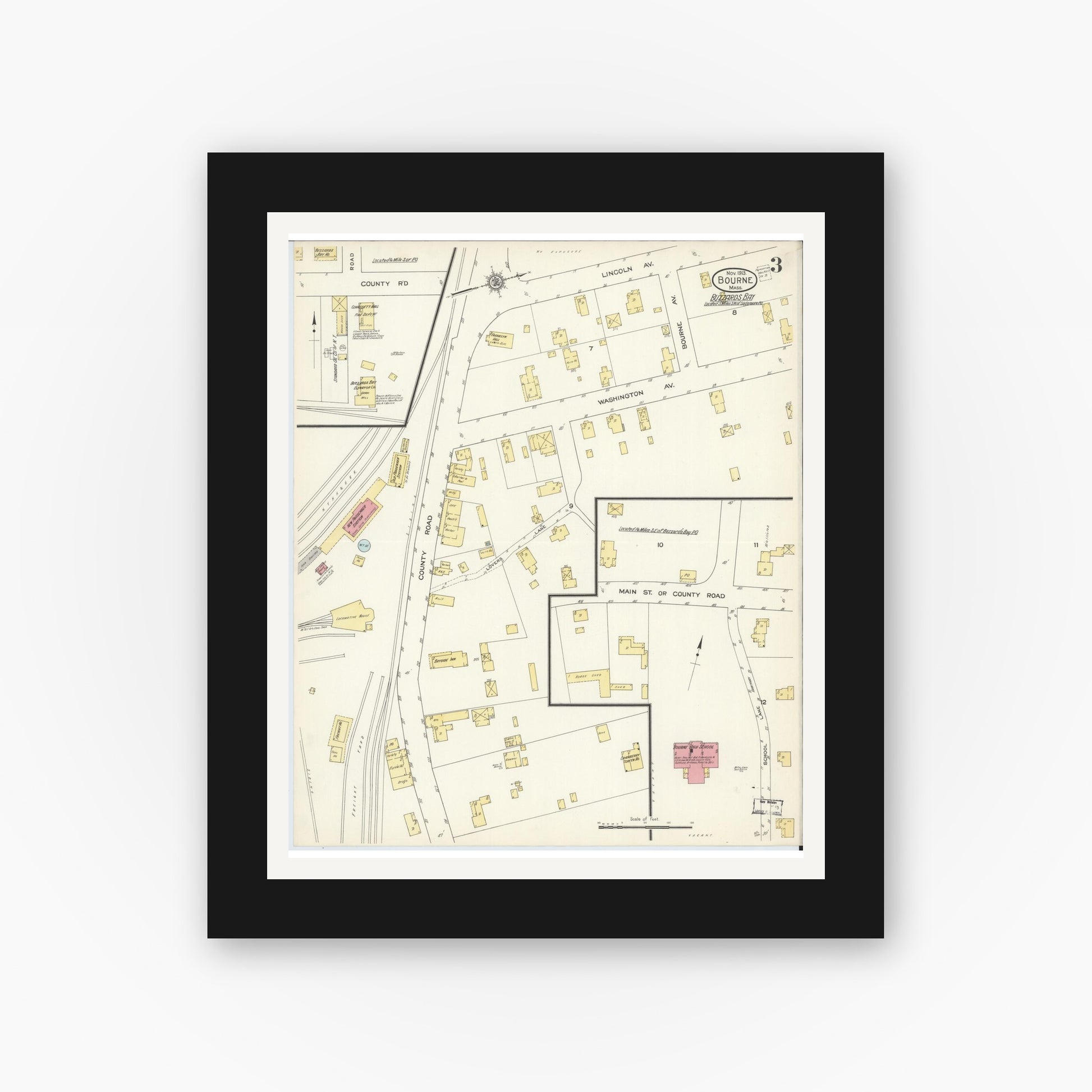 Old map wall art mockup — black gallery frame with white mat — Sanborn Fire Insurance Map from Bourne, Barnstable County, Massachusetts (1913), Sheet #0003