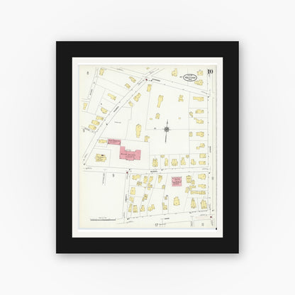 Old map wall art mockup — black gallery frame with white mat — Sanborn Fire Insurance Map from Waltham, Middlesex County, Massachusetts (1911), Sheet #0010