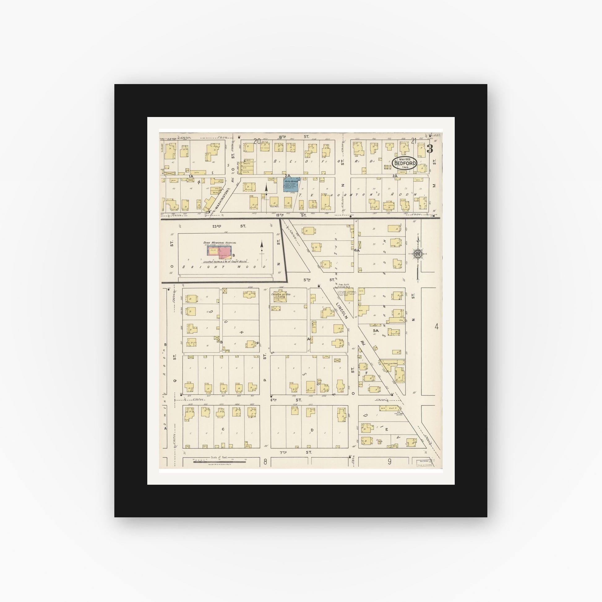 Old map wall art mockup — black gallery frame with white mat — Sanborn Fire Insurance Map from Bedford, Lawrence County, Indiana (1922), Sheet #0003