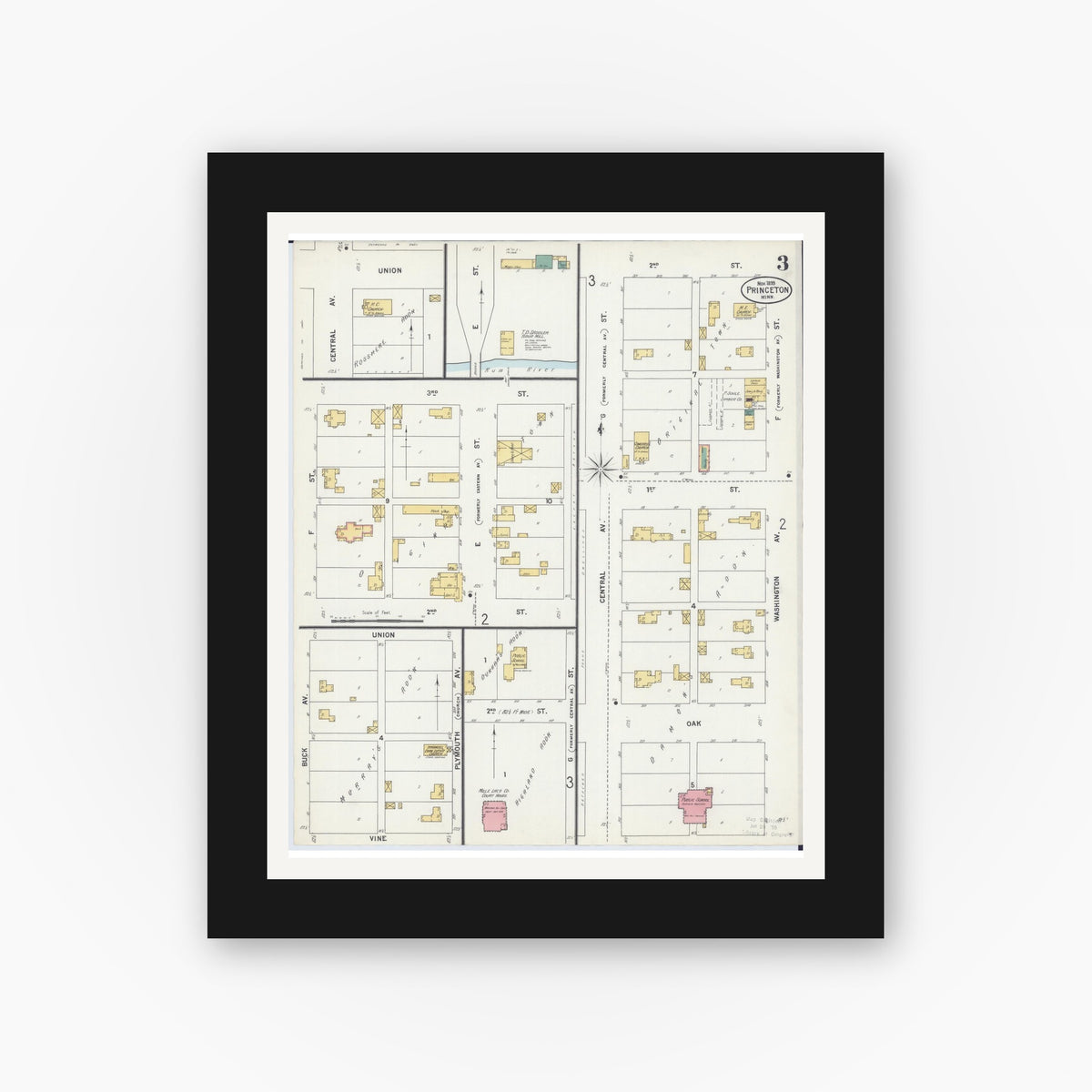Old map wall art mockup — black gallery frame with white mat — Sanborn Fire Insurance Map from Princeton, Mille Lacs County, Minnesota (1899), Sheet #0003