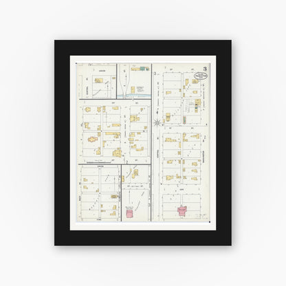 Old map wall art mockup — black gallery frame with white mat — Sanborn Fire Insurance Map from Princeton, Mille Lacs County, Minnesota (1899), Sheet #0003