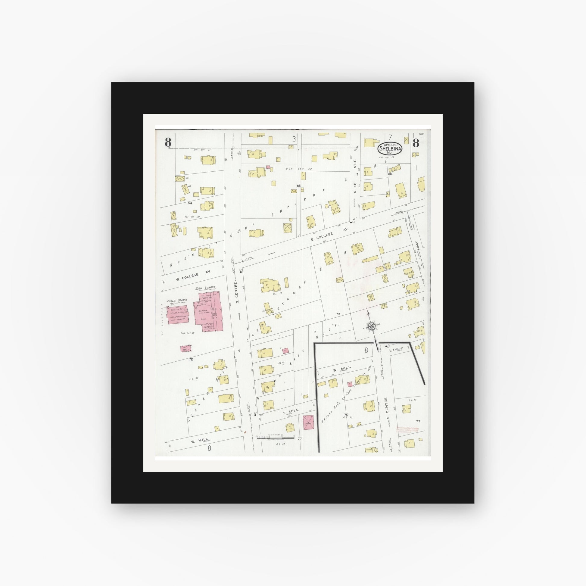 Old map wall art mockup — black gallery frame with white mat — Sanborn Fire Insurance Map from Shelbina, Shelby County, Missouri (1930), Sheet #0008