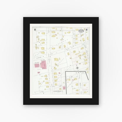 Old map wall art mockup — black gallery frame with white mat — Sanborn Fire Insurance Map from Shelbina, Shelby County, Missouri (1930), Sheet #0008