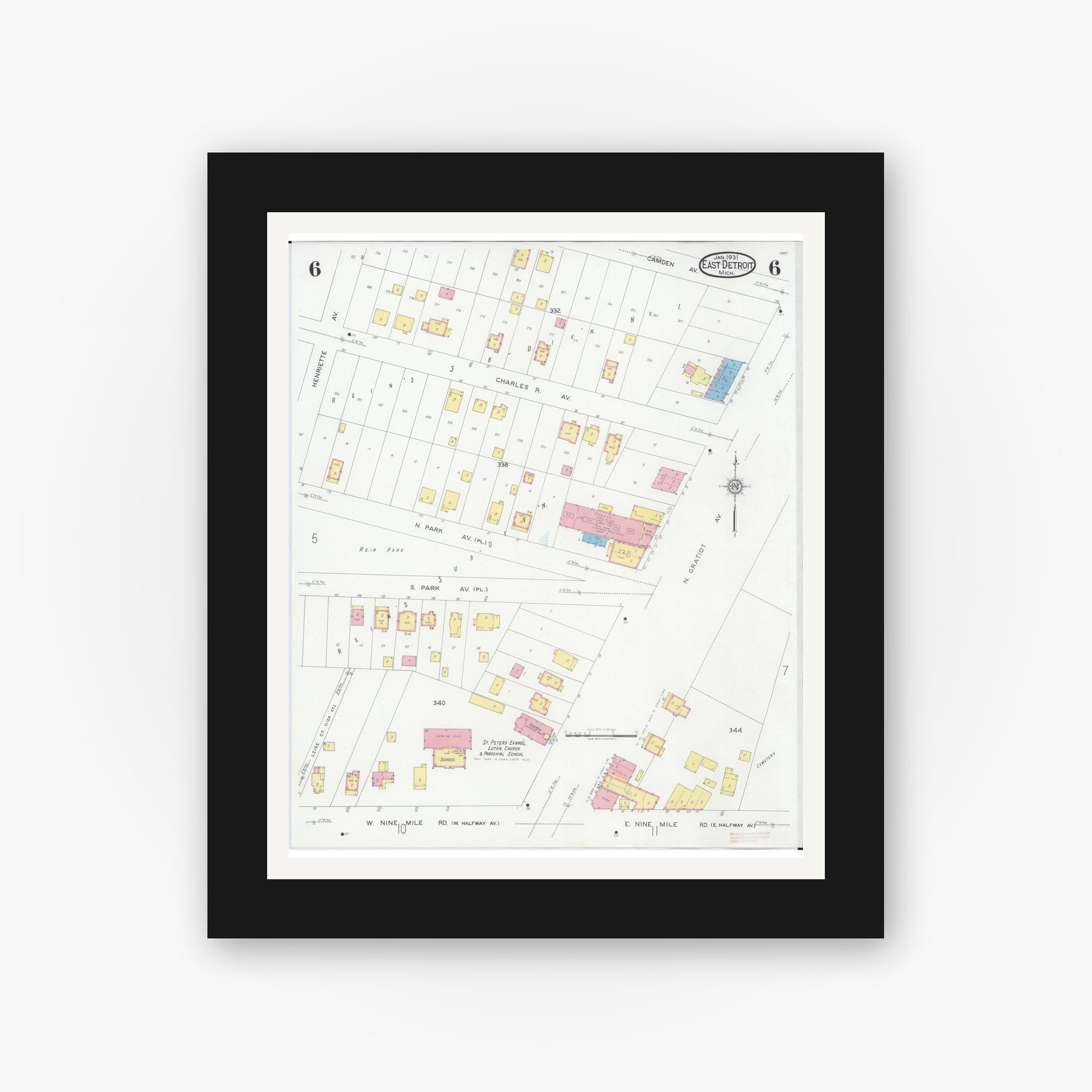 Old map wall art mockup — black gallery frame with white mat — Sanborn Fire Insurance Map from East Detroit, Macomb County, Michigan (1931), Sheet #0006