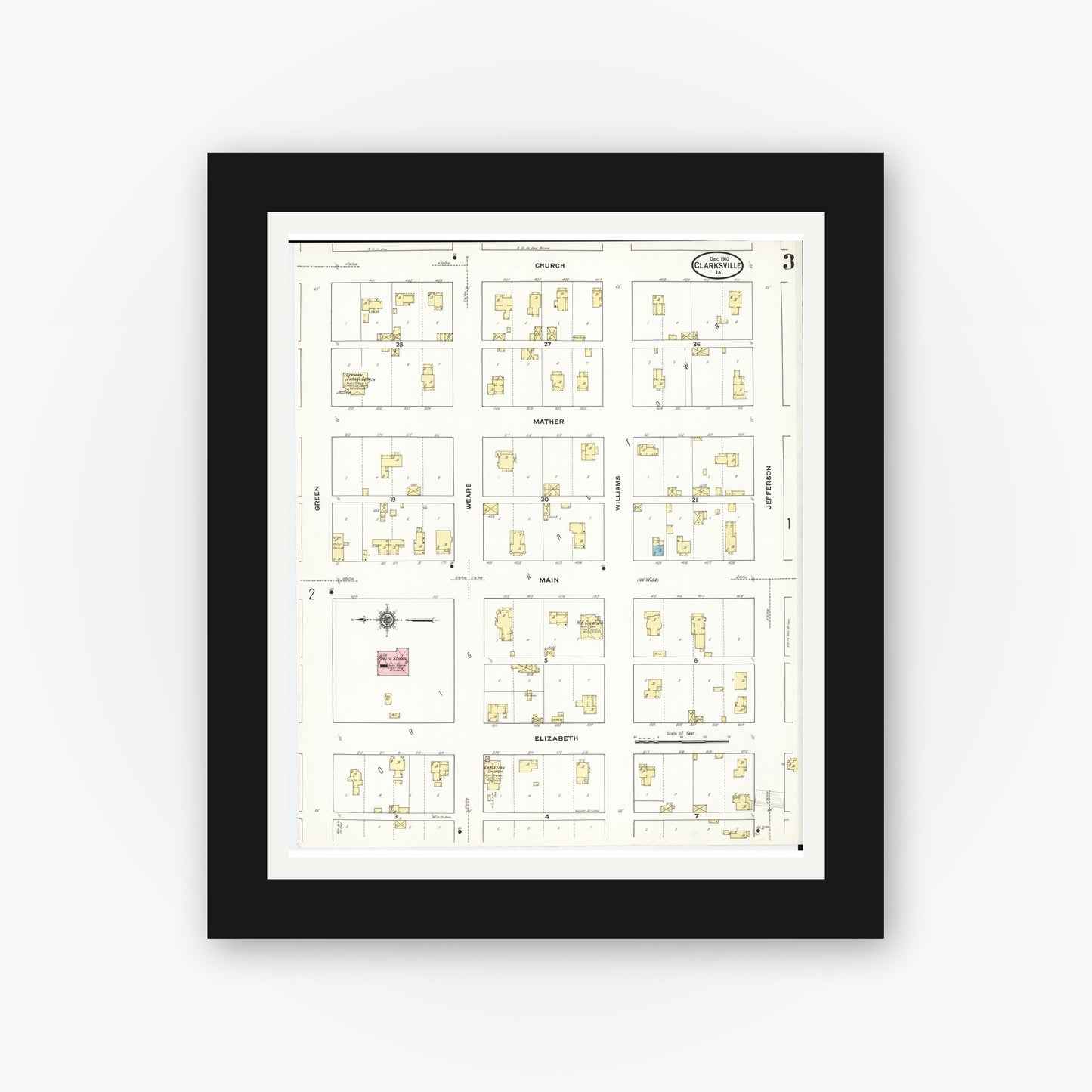Old map wall art mockup — black gallery frame with white mat — Sanborn Fire Insurance Map from Clarksville, Butler County, Iowa (1910), Sheet #0003
