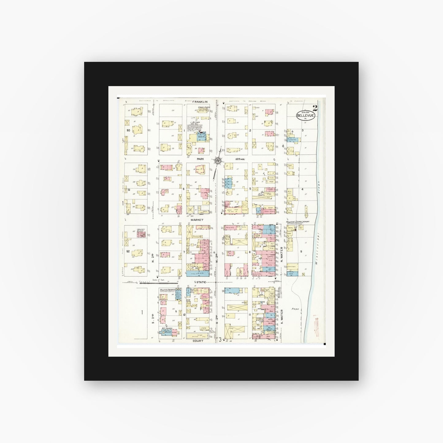 Old map wall art mockup — black gallery frame with white mat — Sanborn Fire Insurance Map from Bellevue, Jackson County, Iowa (1914), Sheet #0002