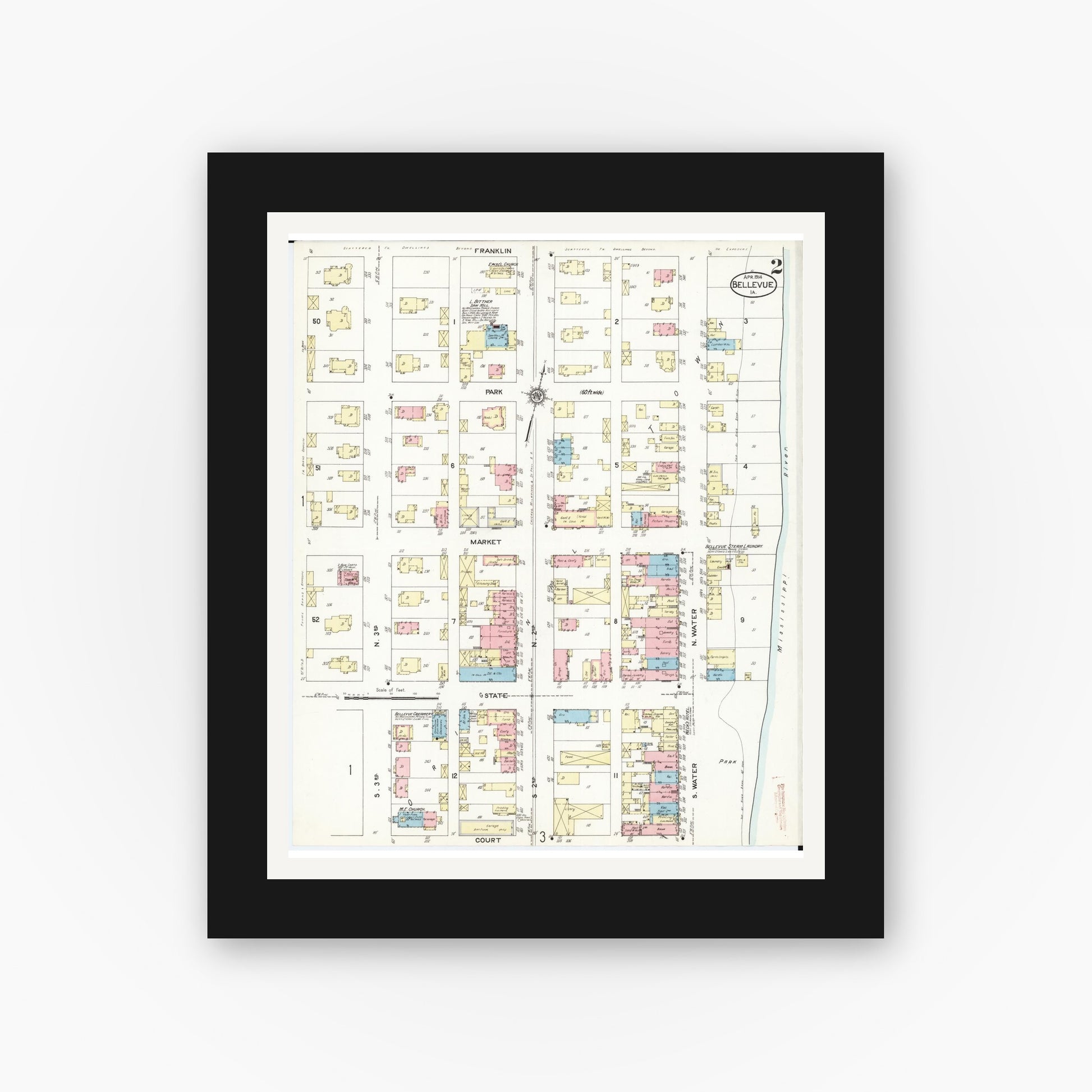 Old map wall art mockup — black gallery frame with white mat — Sanborn Fire Insurance Map from Bellevue, Jackson County, Iowa (1914), Sheet #0002