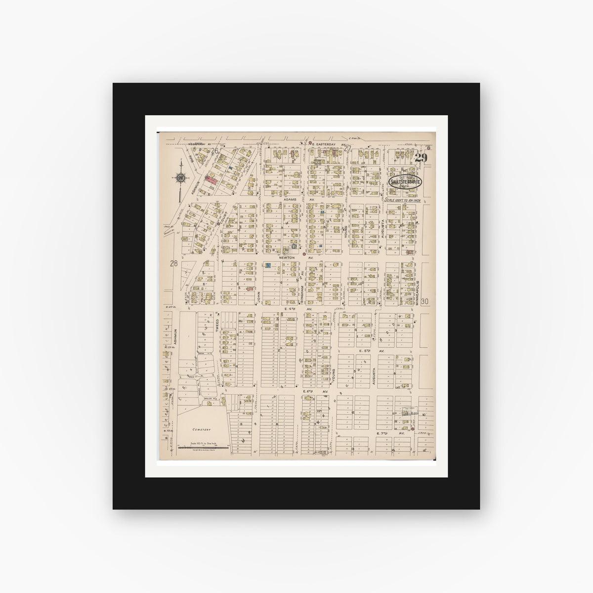 Old map wall art mockup — black gallery frame with white mat — Sanborn Fire Insurance Map from Sault Sainte Marie, Chippewa County, Michigan (1922), Sheet #0029