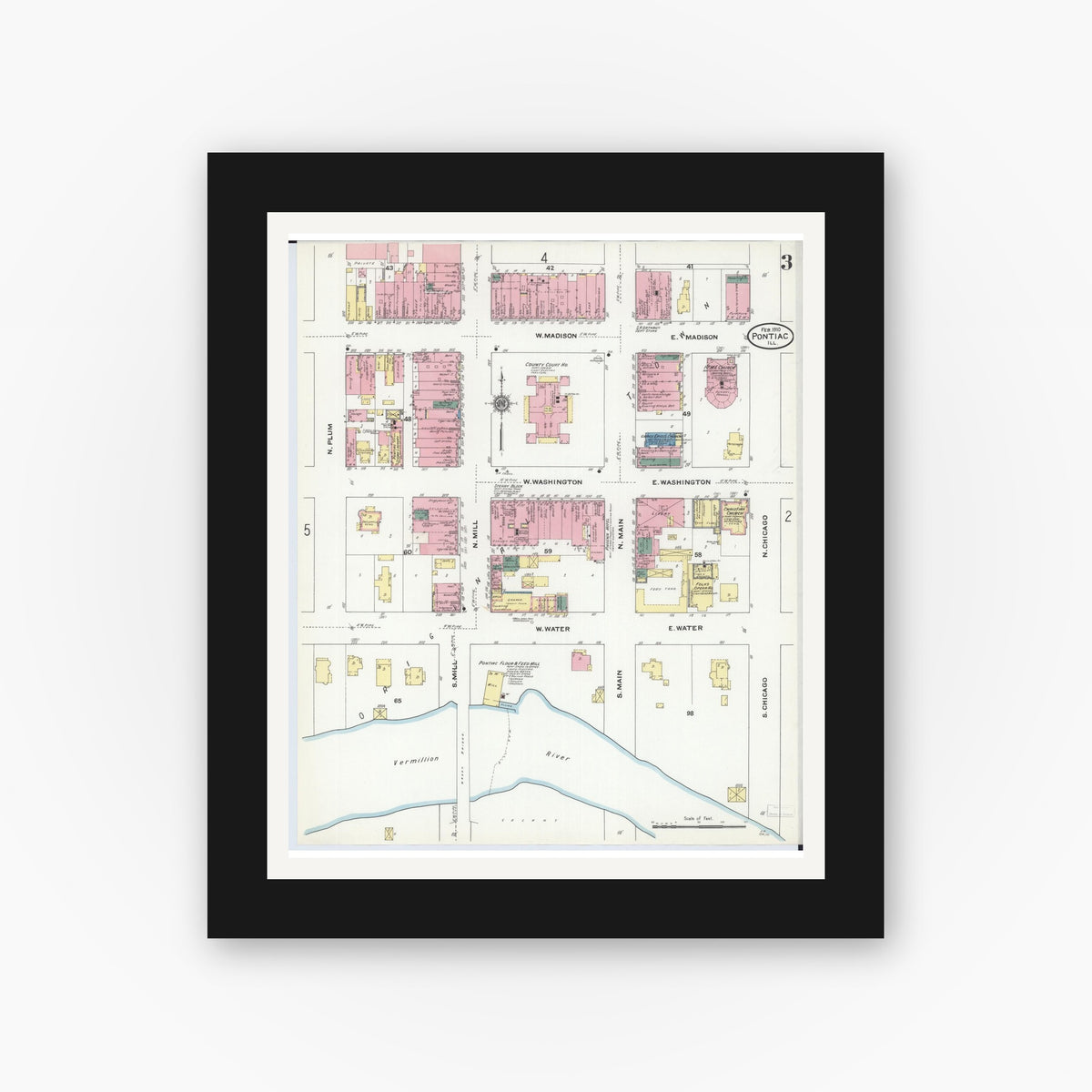 Old map wall art mockup — black gallery frame with white mat — Sanborn Fire Insurance Map from Pontiac, Livingston County, Illinois (1910), Sheet #0003